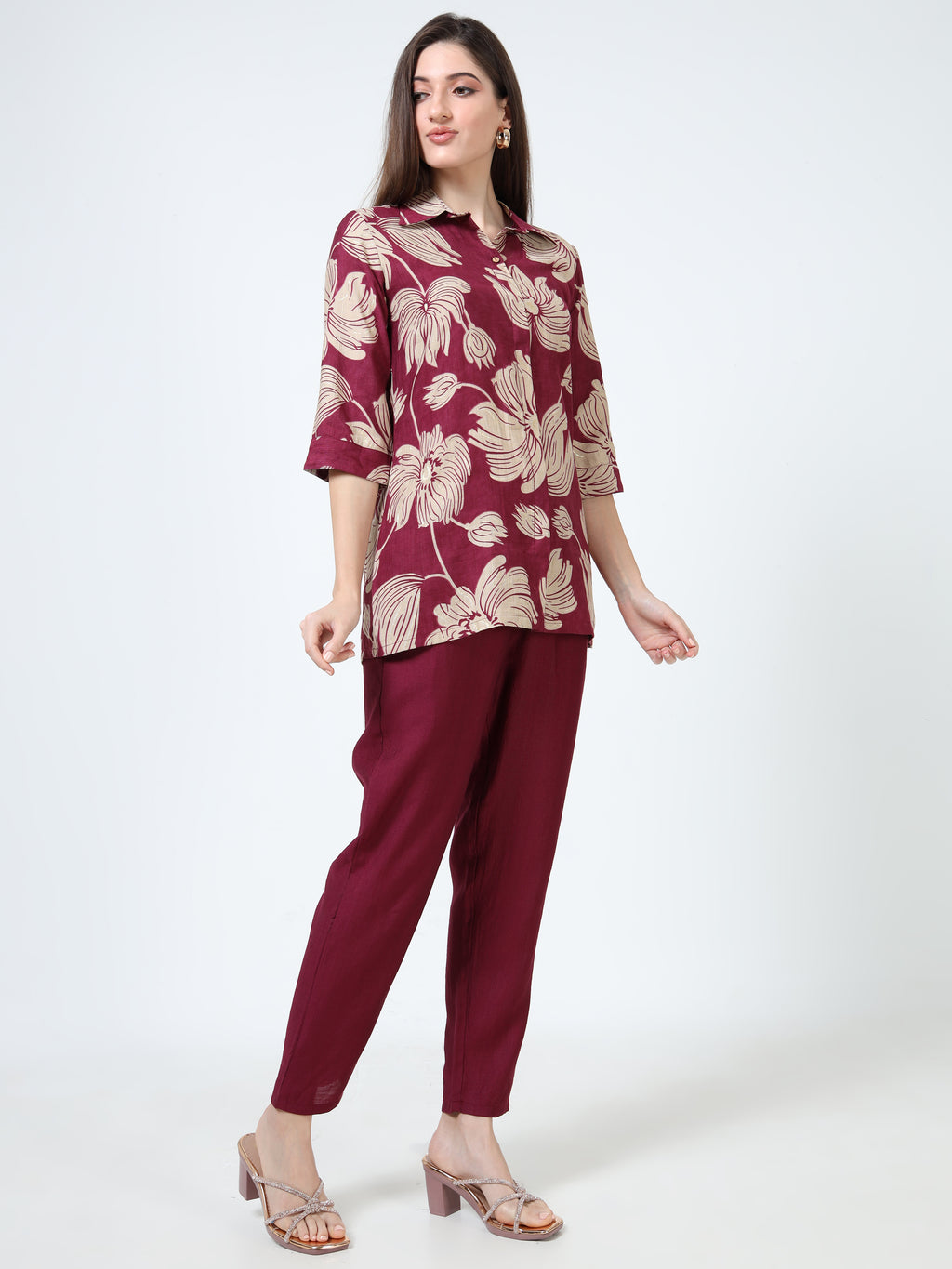 Rayon Printed Coord Set – Maroon Bloom