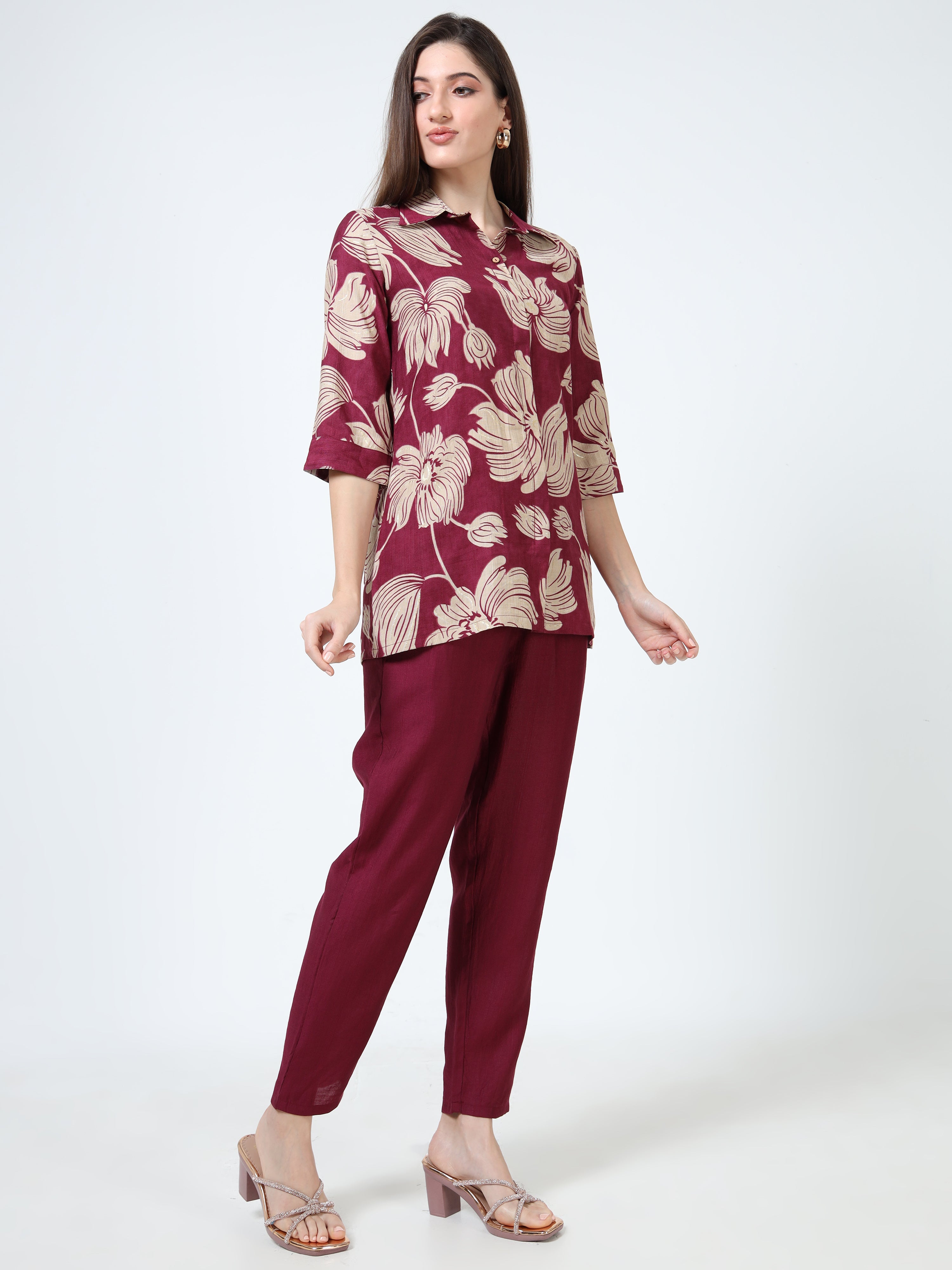 Rayon Printed Coord Set – Maroon Bloom
