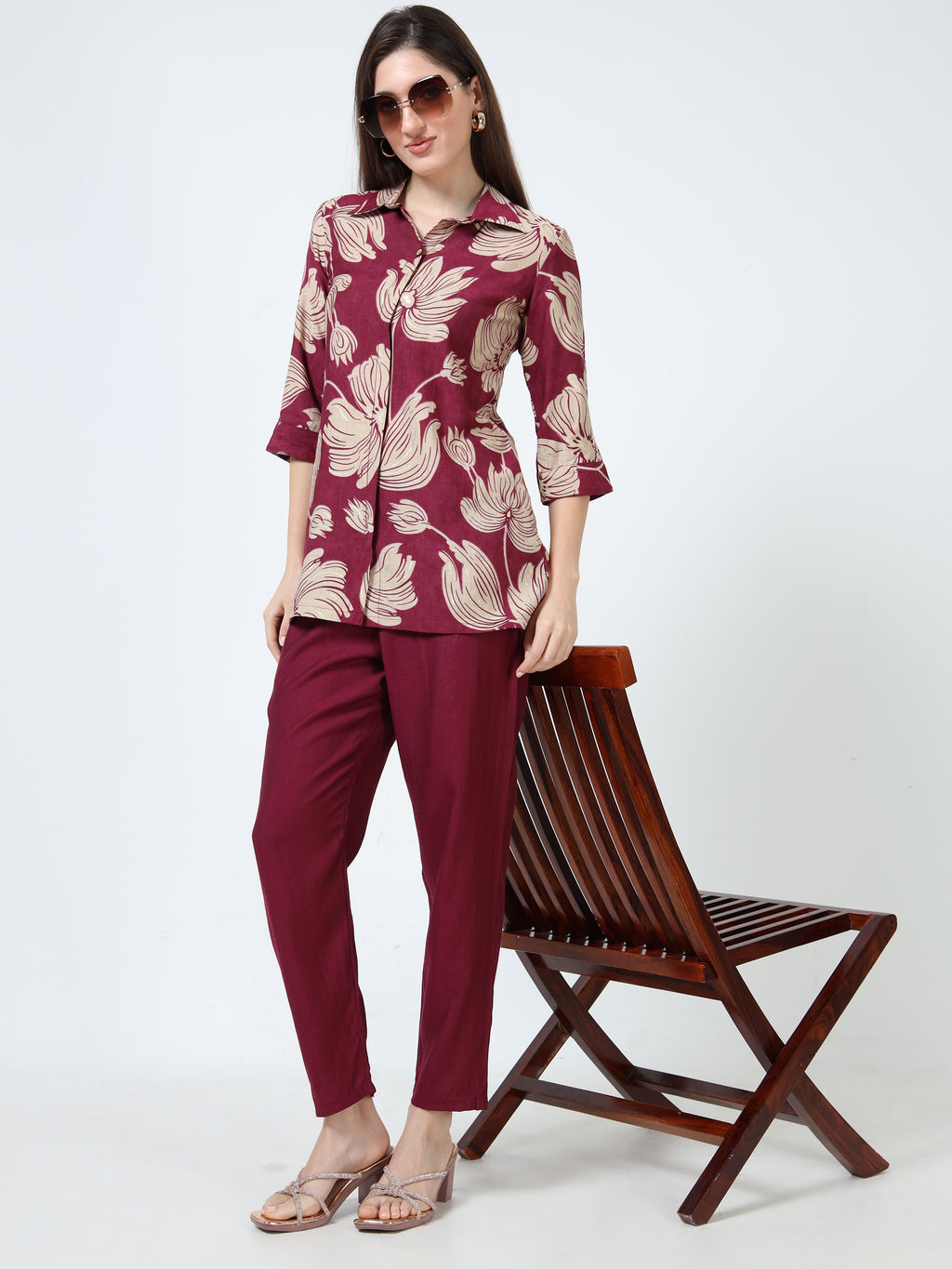 Rayon Printed Coord Set – Maroon Bloom