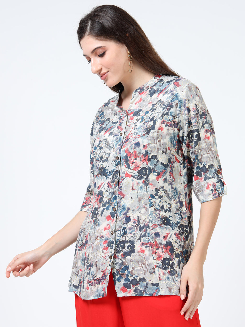 Grey-Blue & Pink Watercolor Floral Kurti