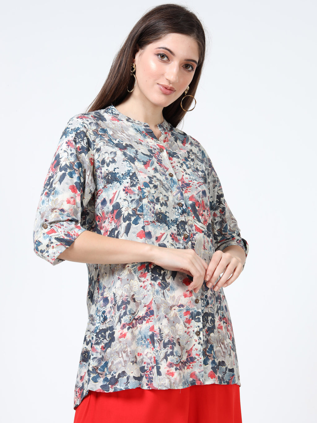 Grey-Blue & Pink Watercolor Floral Kurti