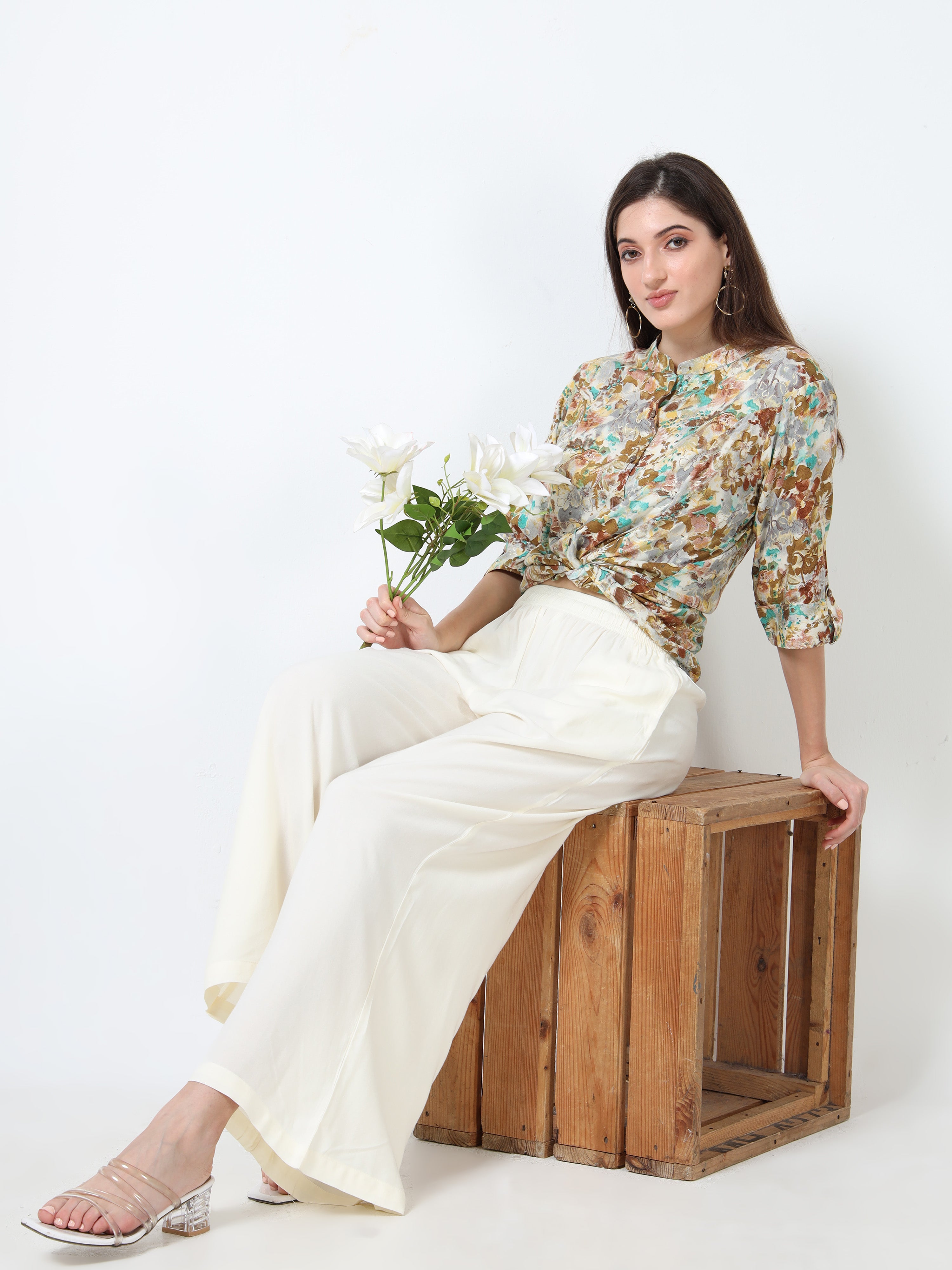 Cream Viscose Palazzo Pant Plain