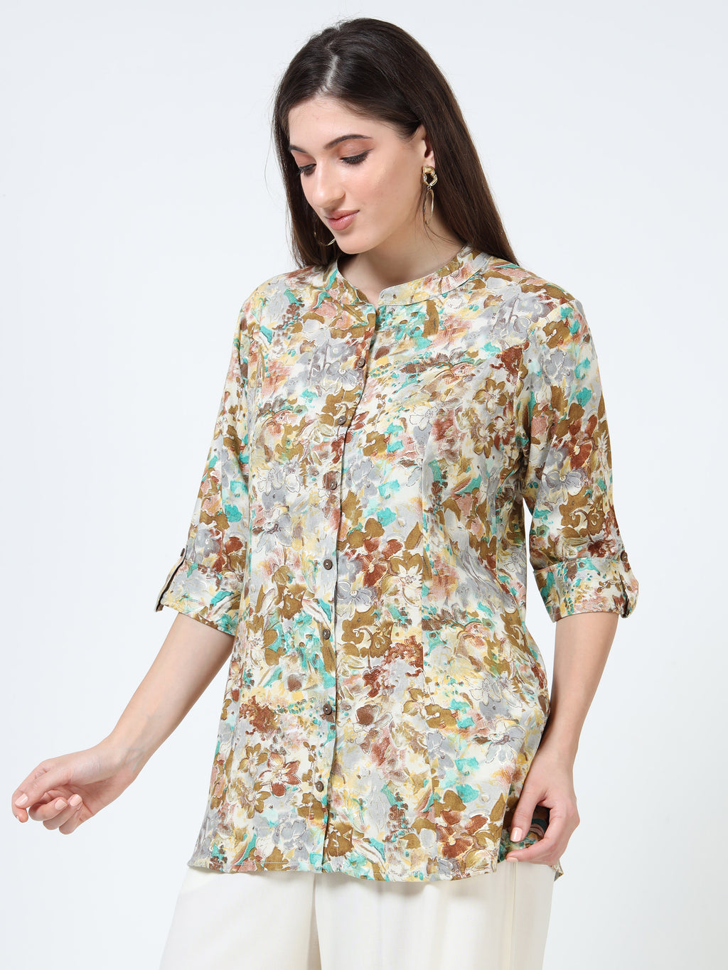 Beige & Aqua Floral Kurti