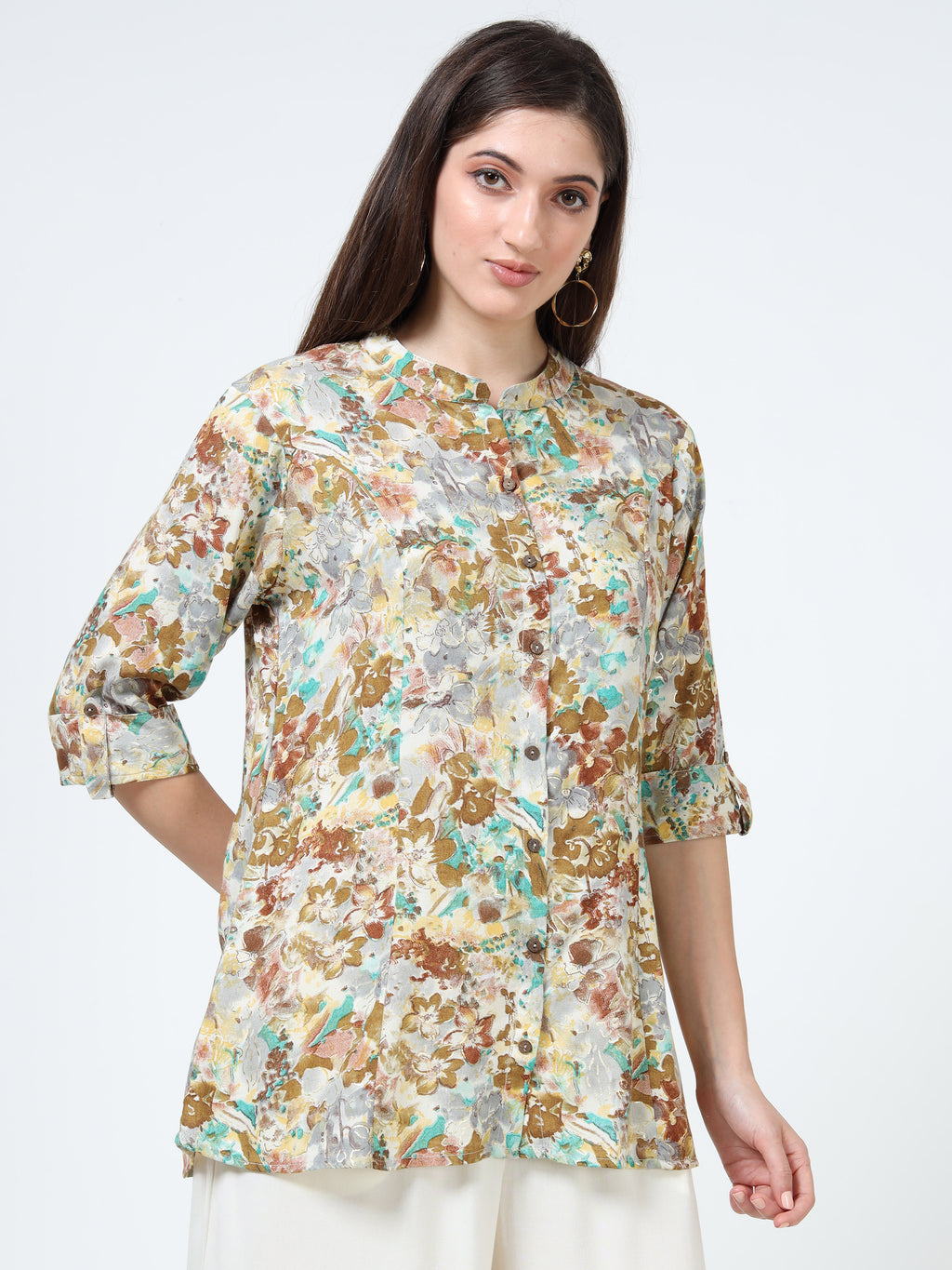 Beige & Aqua Floral Kurti