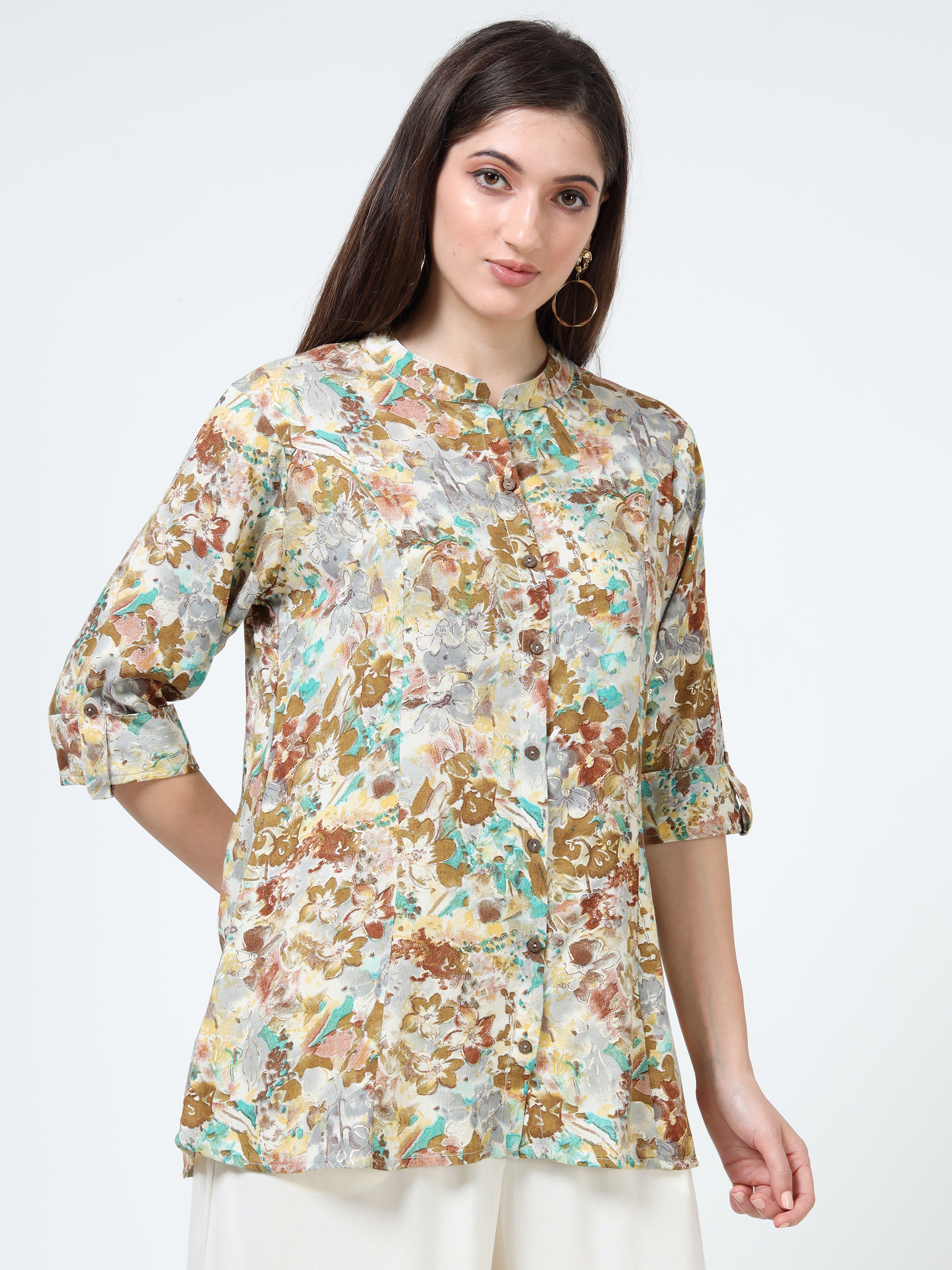 Beige & Aqua Floral Kurti
