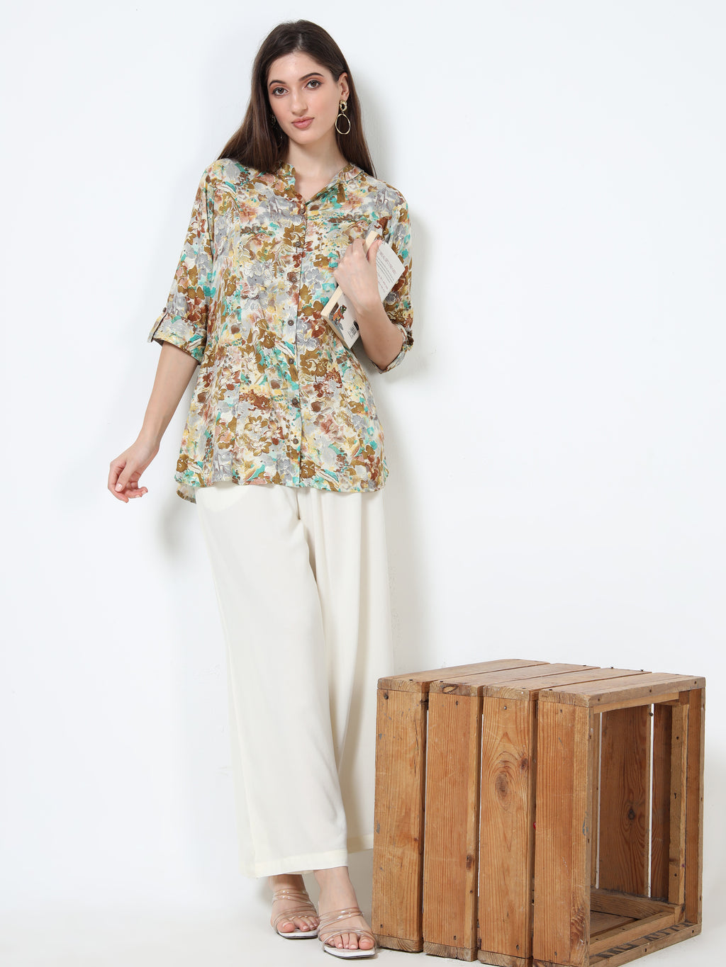 Beige & Aqua Floral Kurti