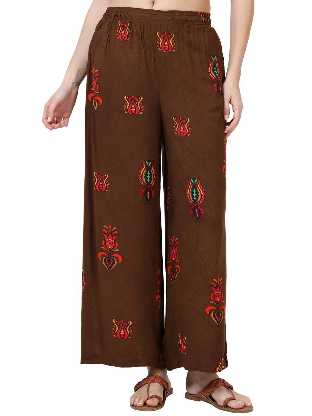 Coffee Brown Ethnic Motif Viscose Palazzo
