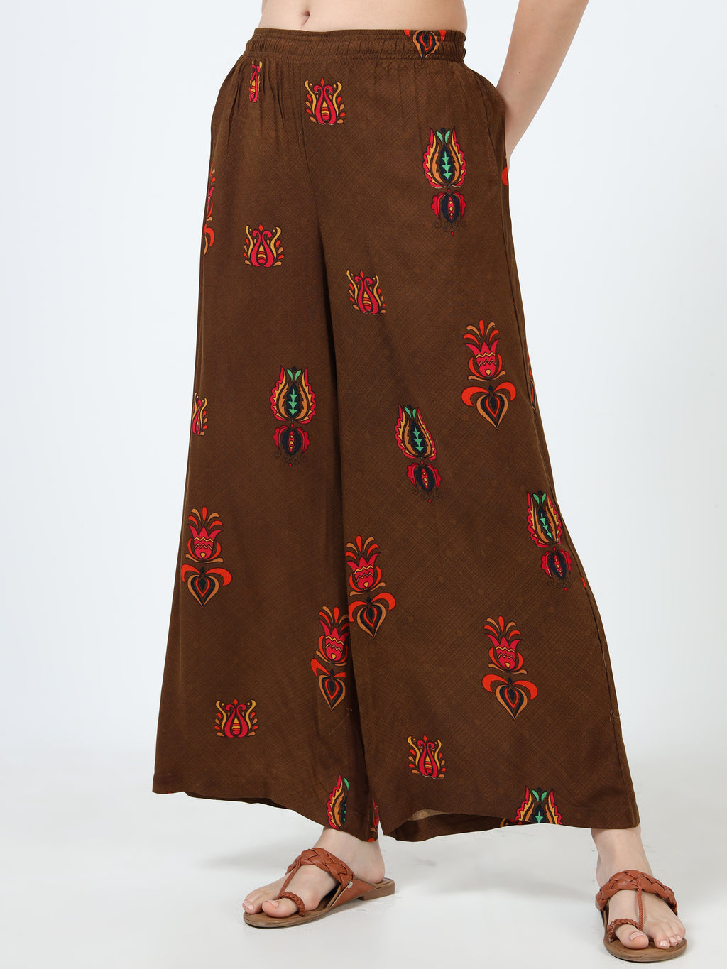 Coffee Brown Ethnic Motif Viscose Palazzo
