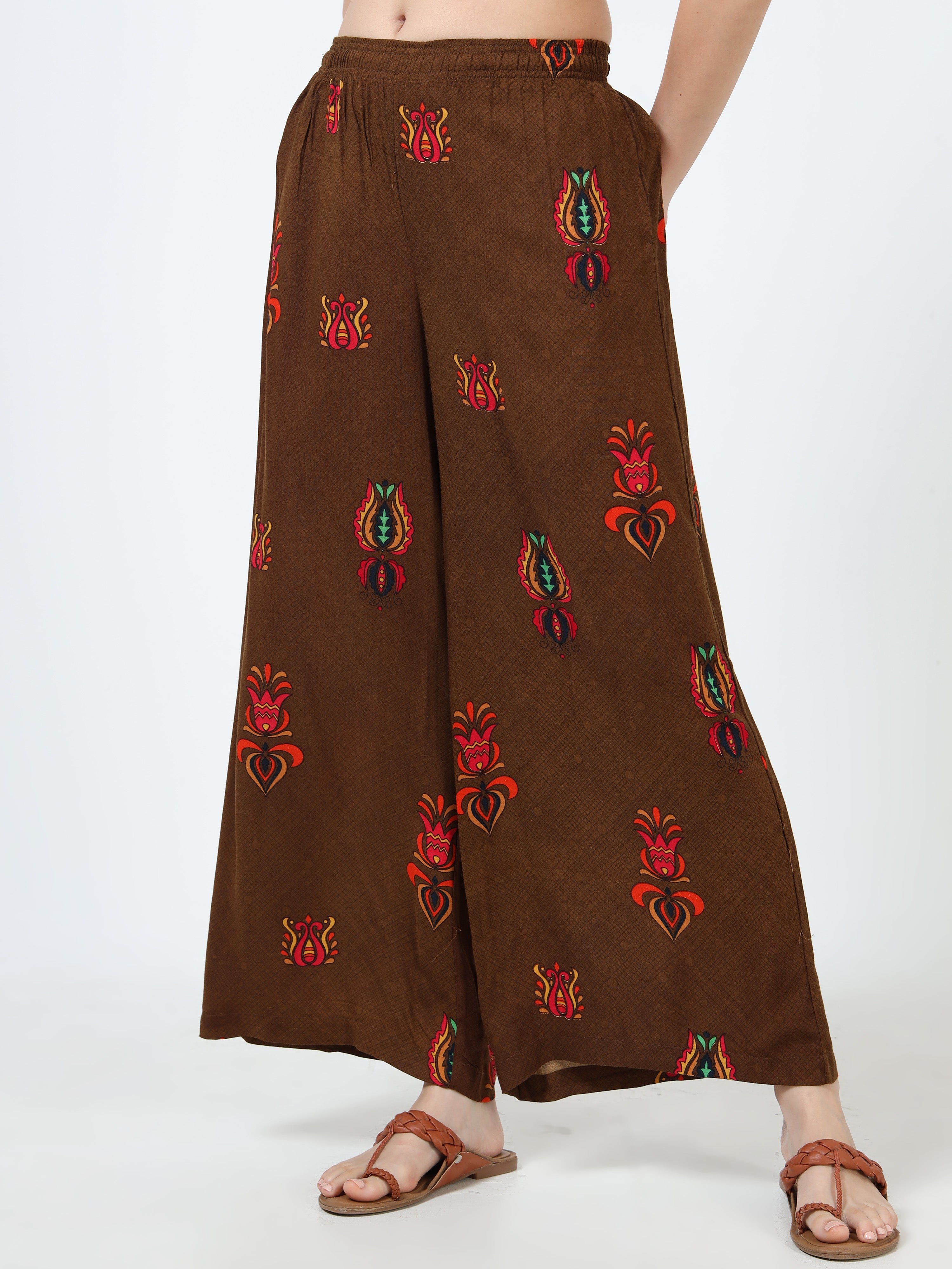Coffee Brown Ethnic Motif Viscose Palazzo