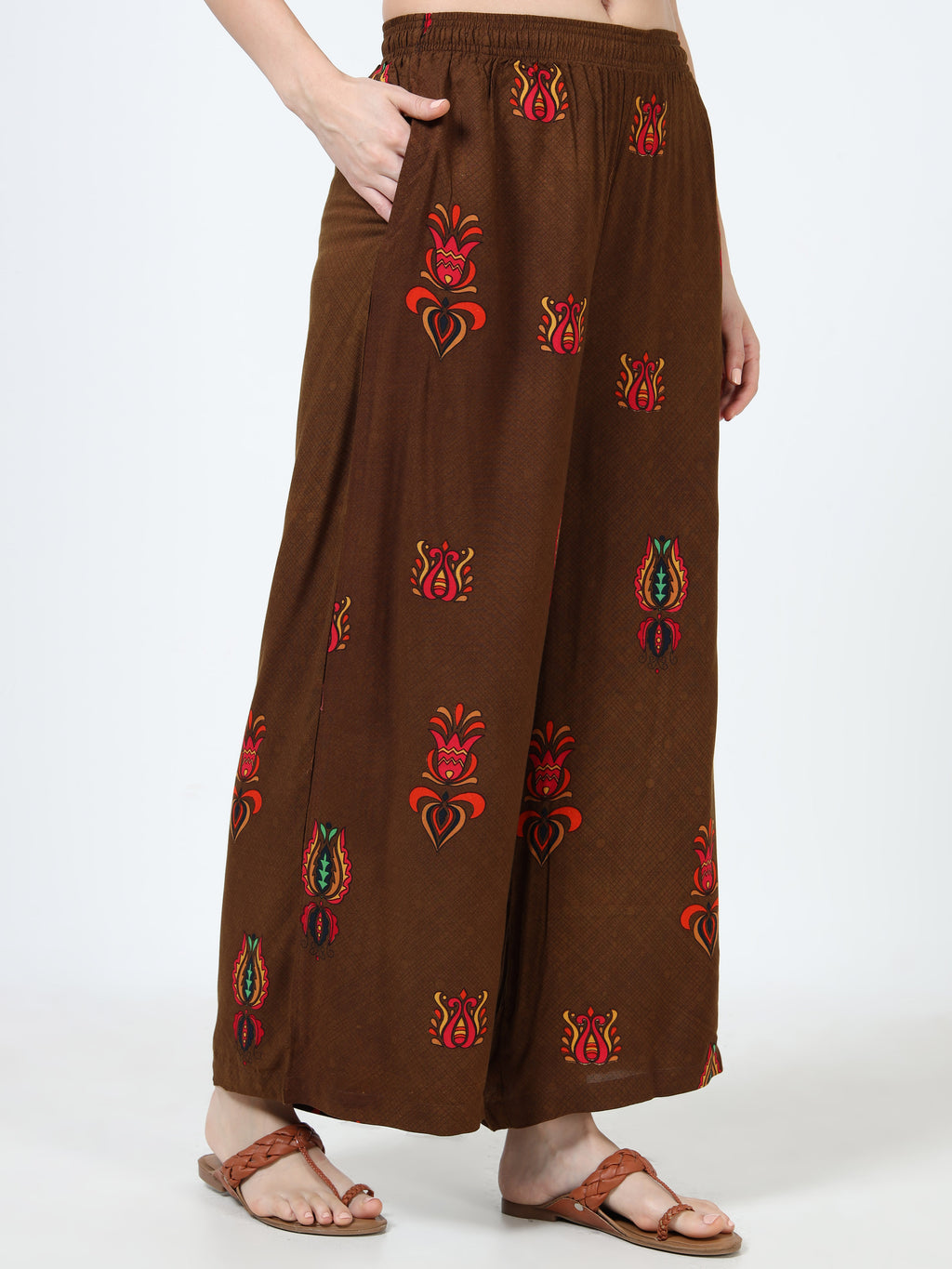 Coffee Brown Ethnic Motif Viscose Palazzo