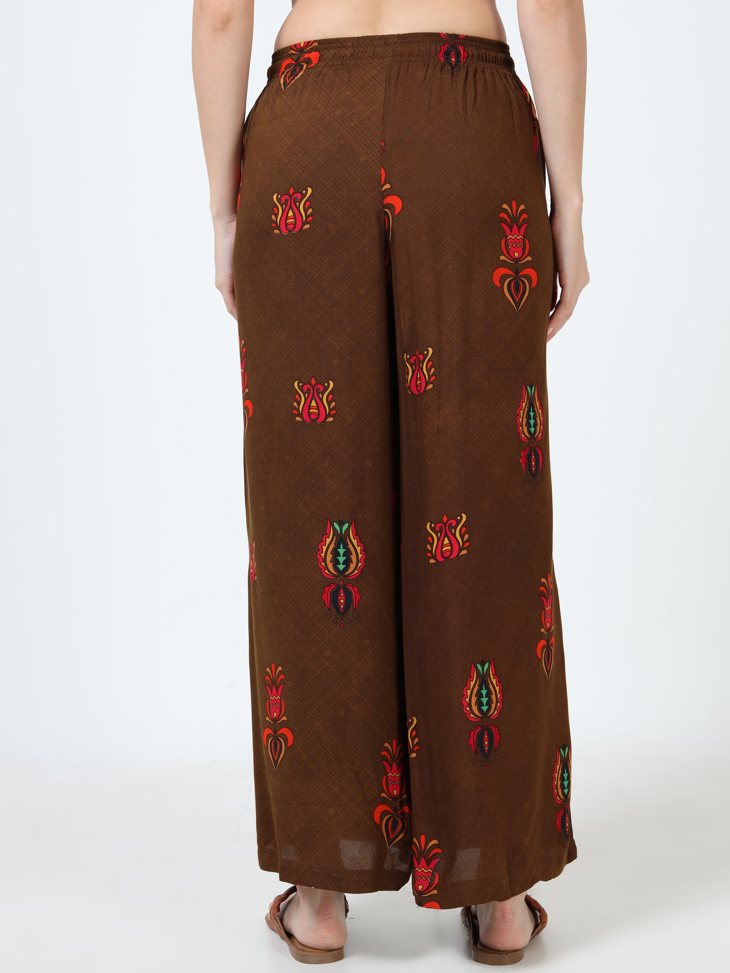 Coffee Brown Ethnic Motif Viscose Palazzo