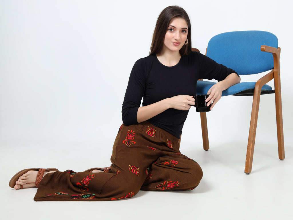 Coffee Brown Ethnic Motif Viscose Palazzo