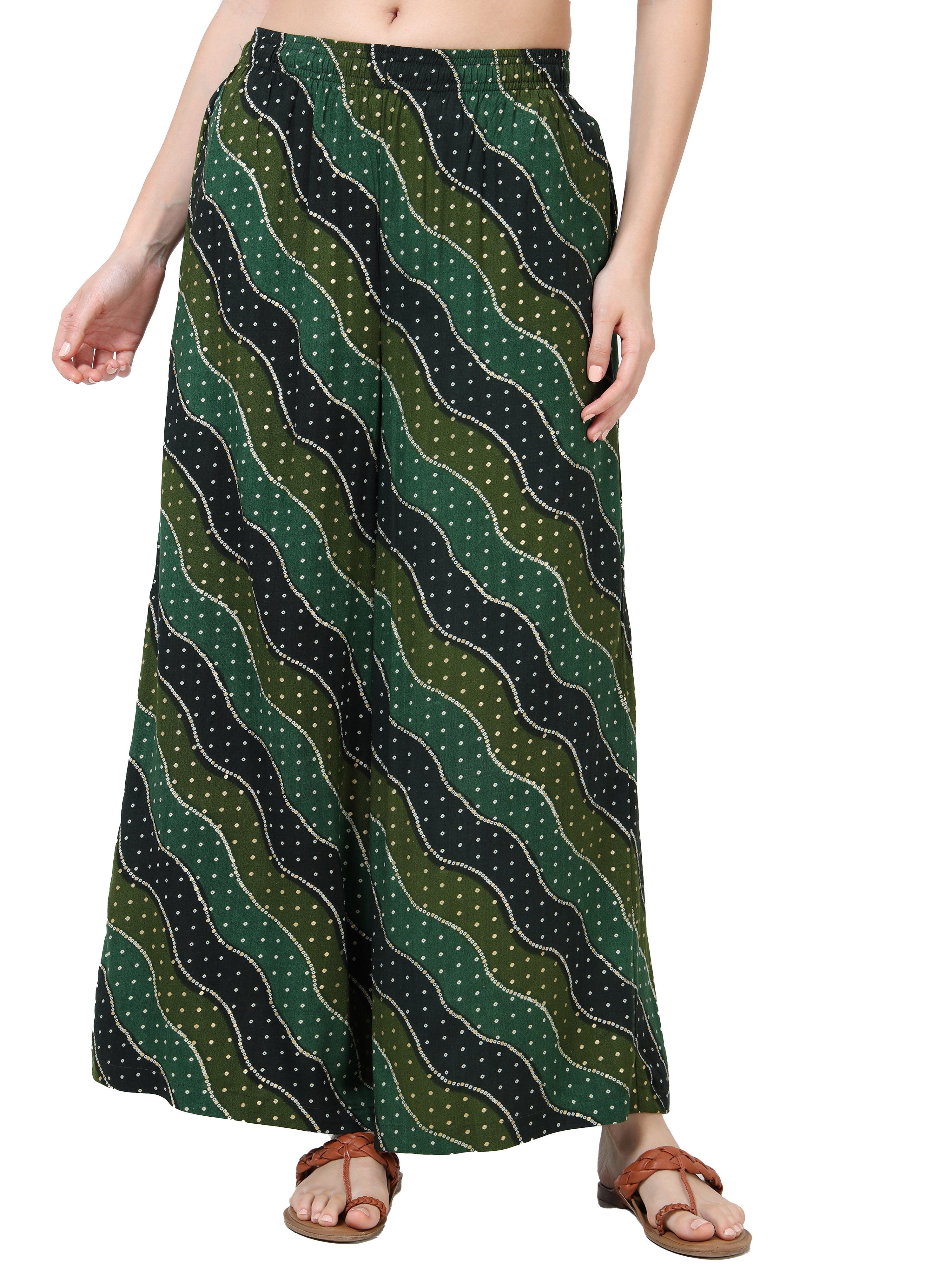 Forest Green Wave Print Viscose Palazzo