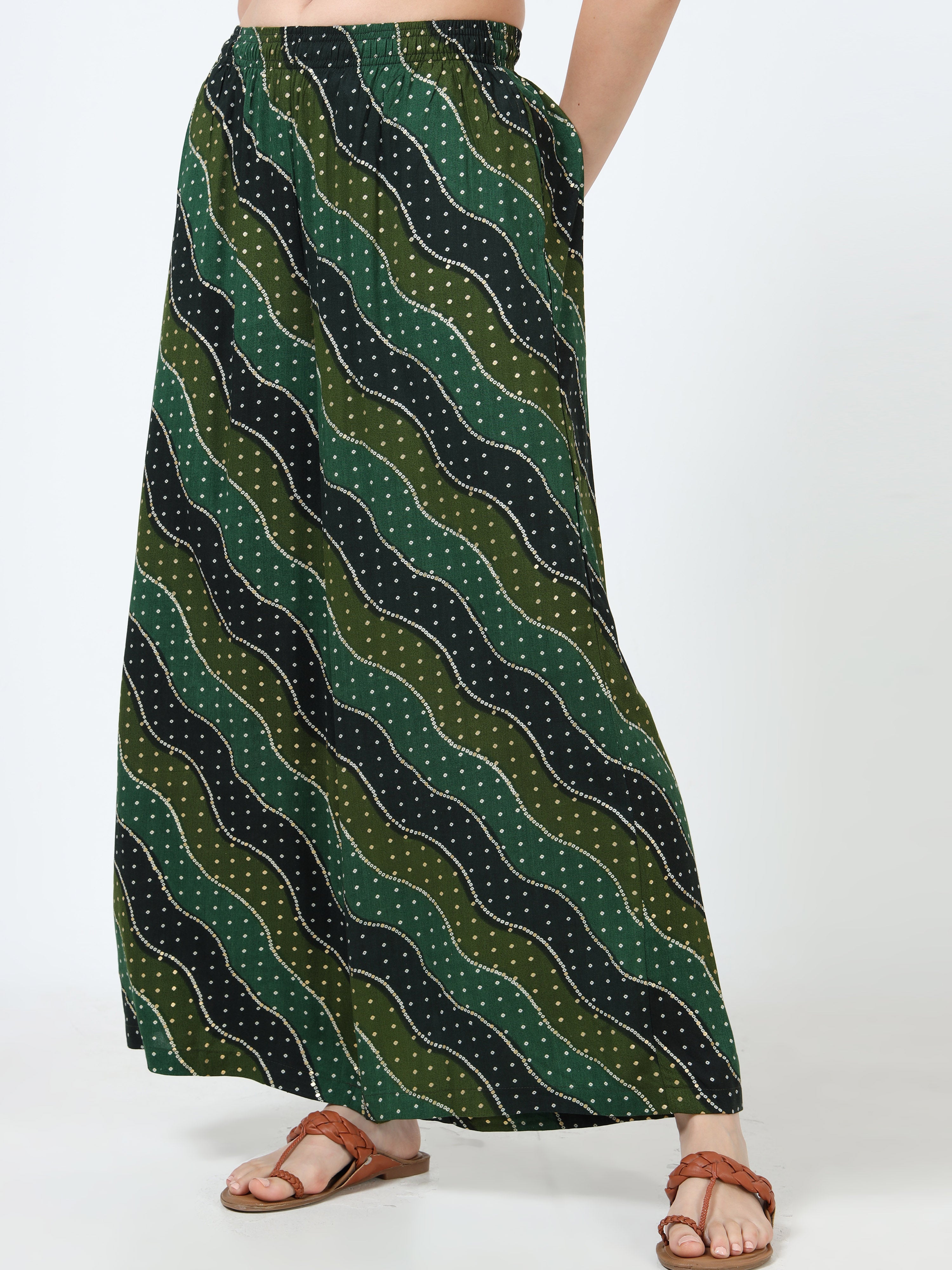 Forest Green Wave Print Viscose Palazzo