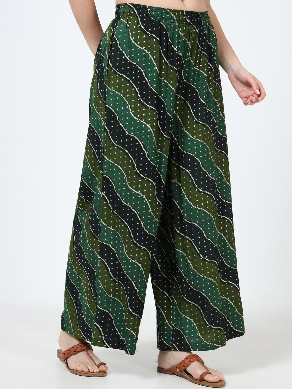Forest Green Wave Print Viscose Palazzo