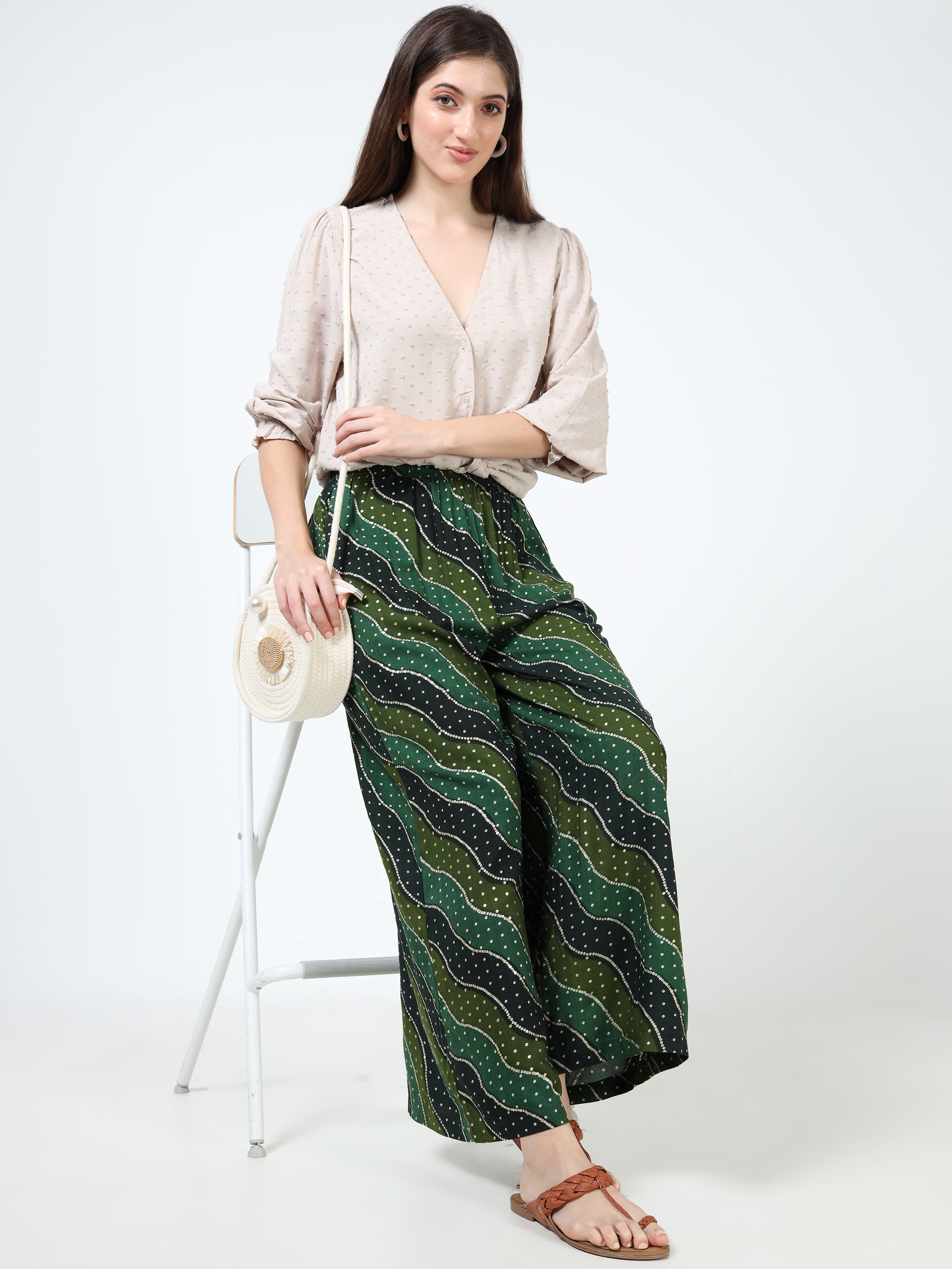 Forest Green Wave Print Viscose Palazzo