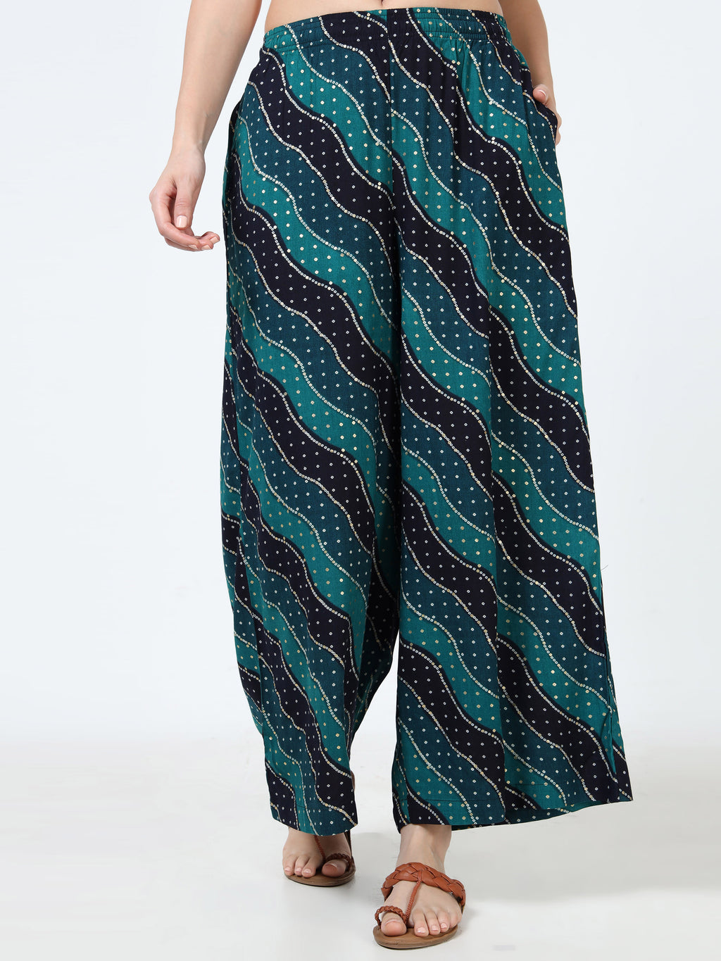 Teal Navy Wave Print Viscose Palazzo