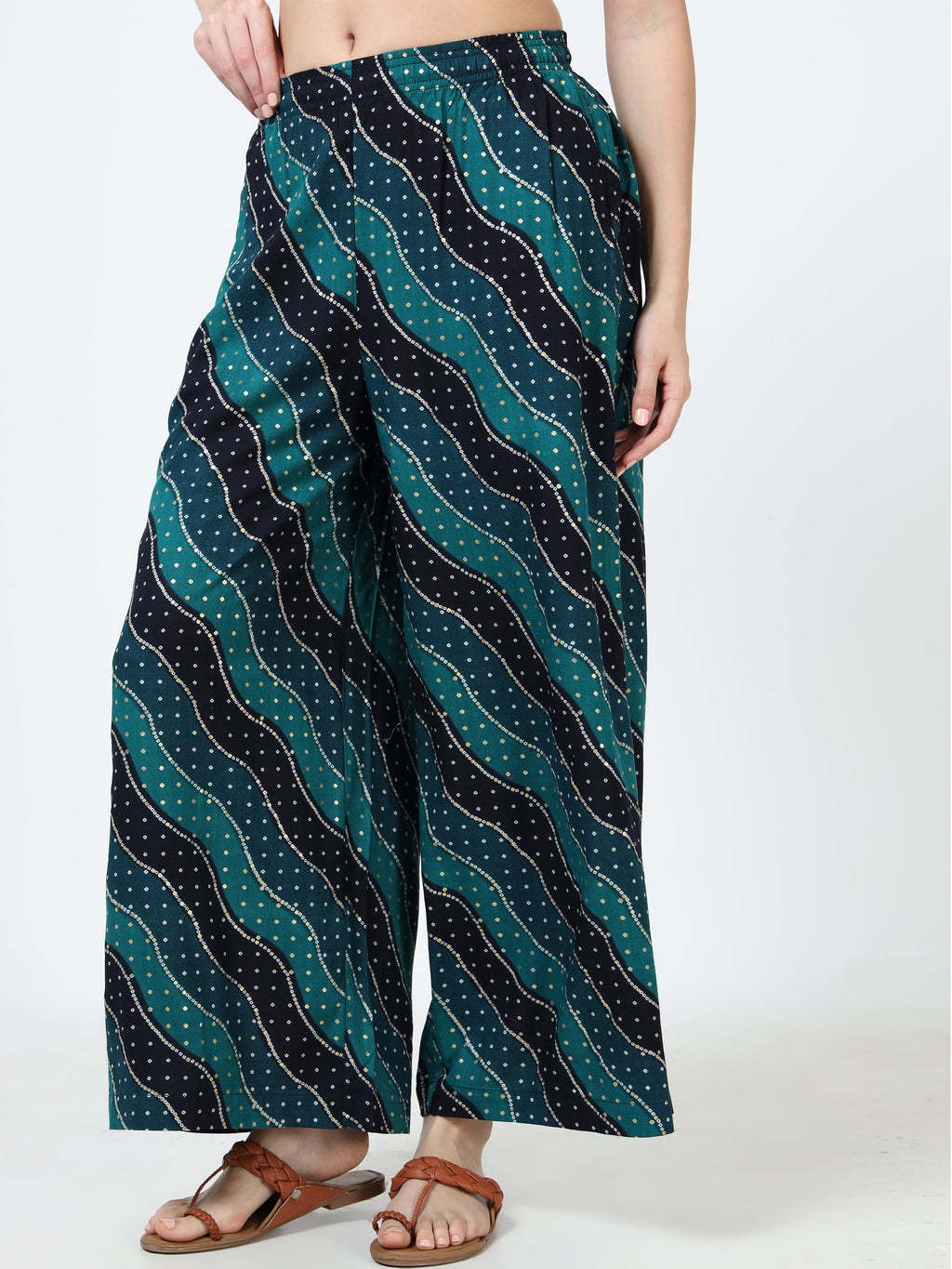 Teal Navy Wave Print Viscose Palazzo