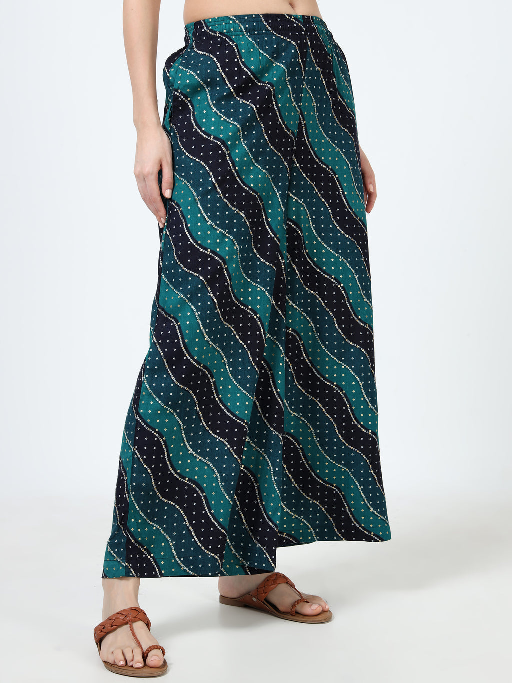 Teal Navy Wave Print Viscose Palazzo