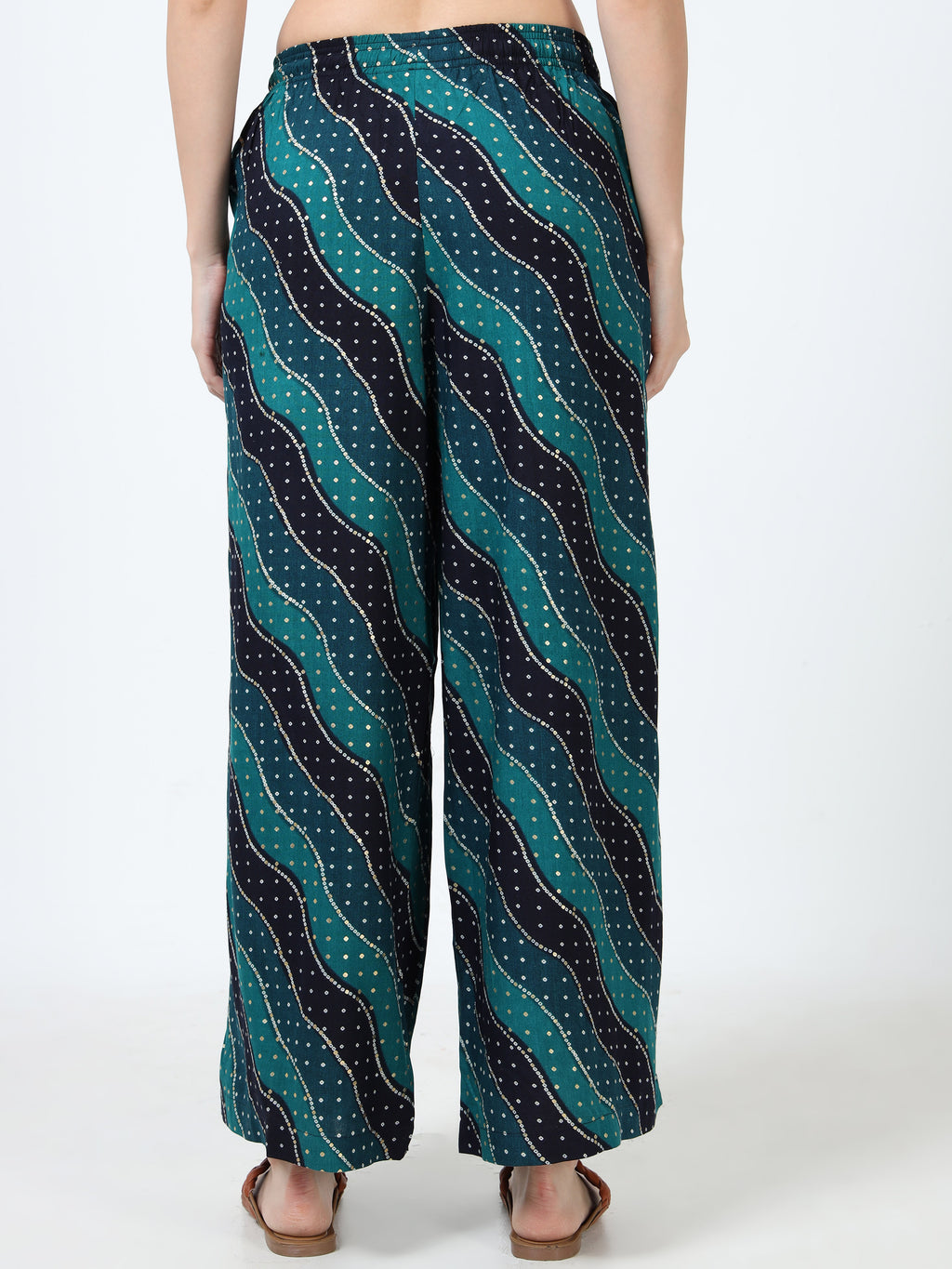 Teal Navy Wave Print Viscose Palazzo