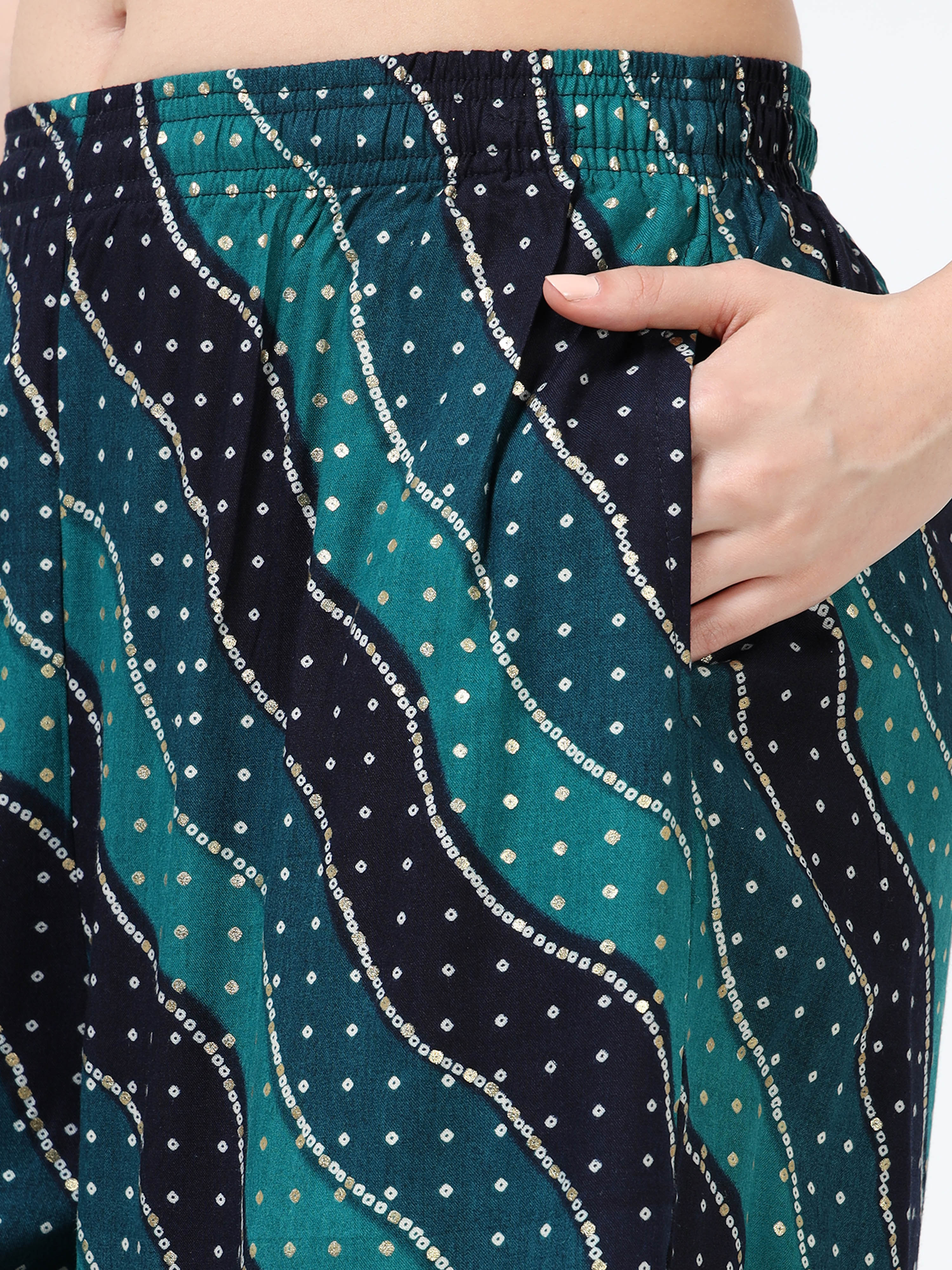 Teal Navy Wave Print Viscose Palazzo