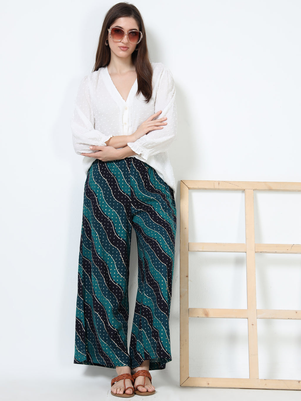 Teal Navy Wave Print Viscose Palazzo