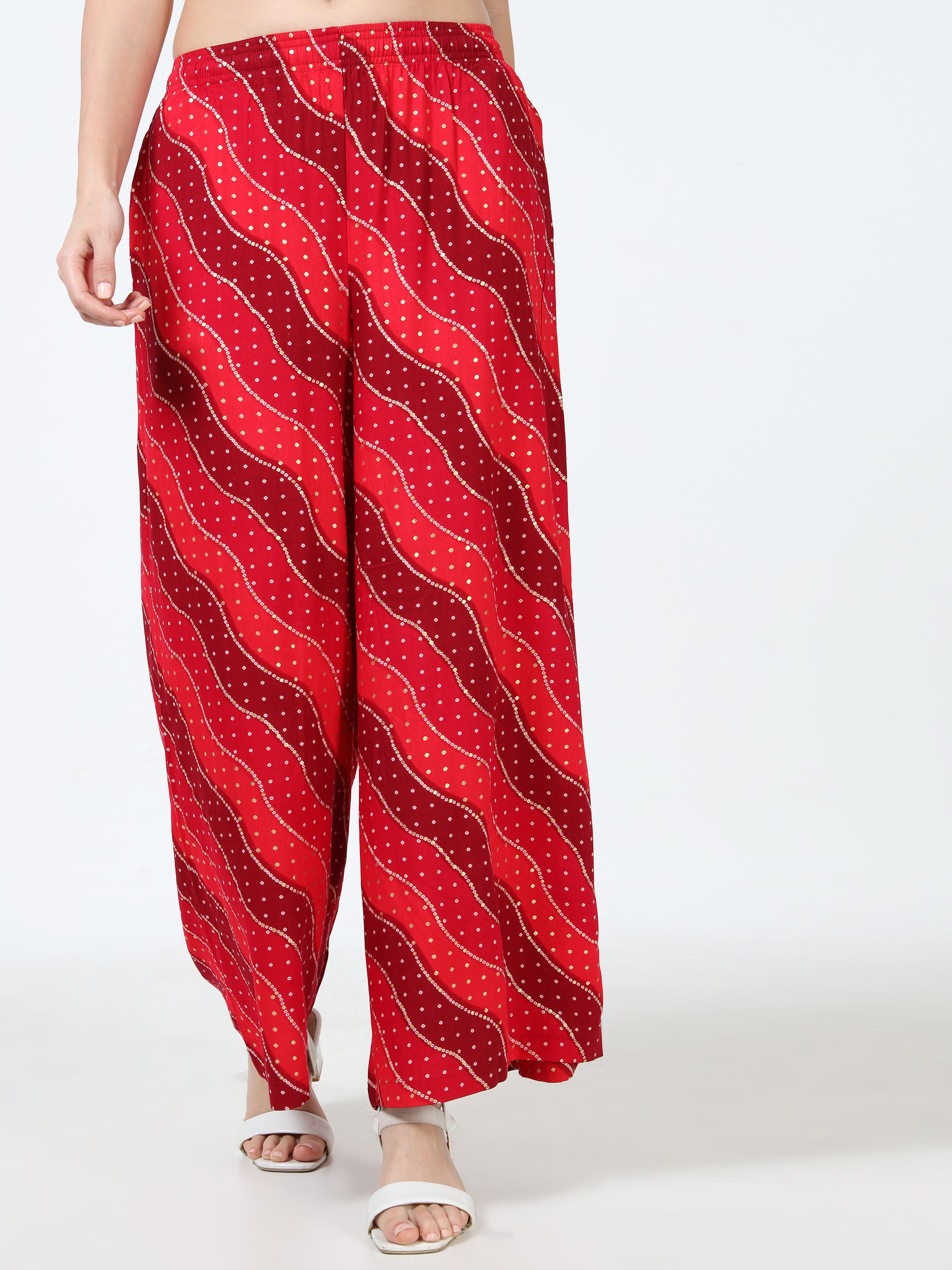 Crimson Red Wave Print Viscose Palazzo