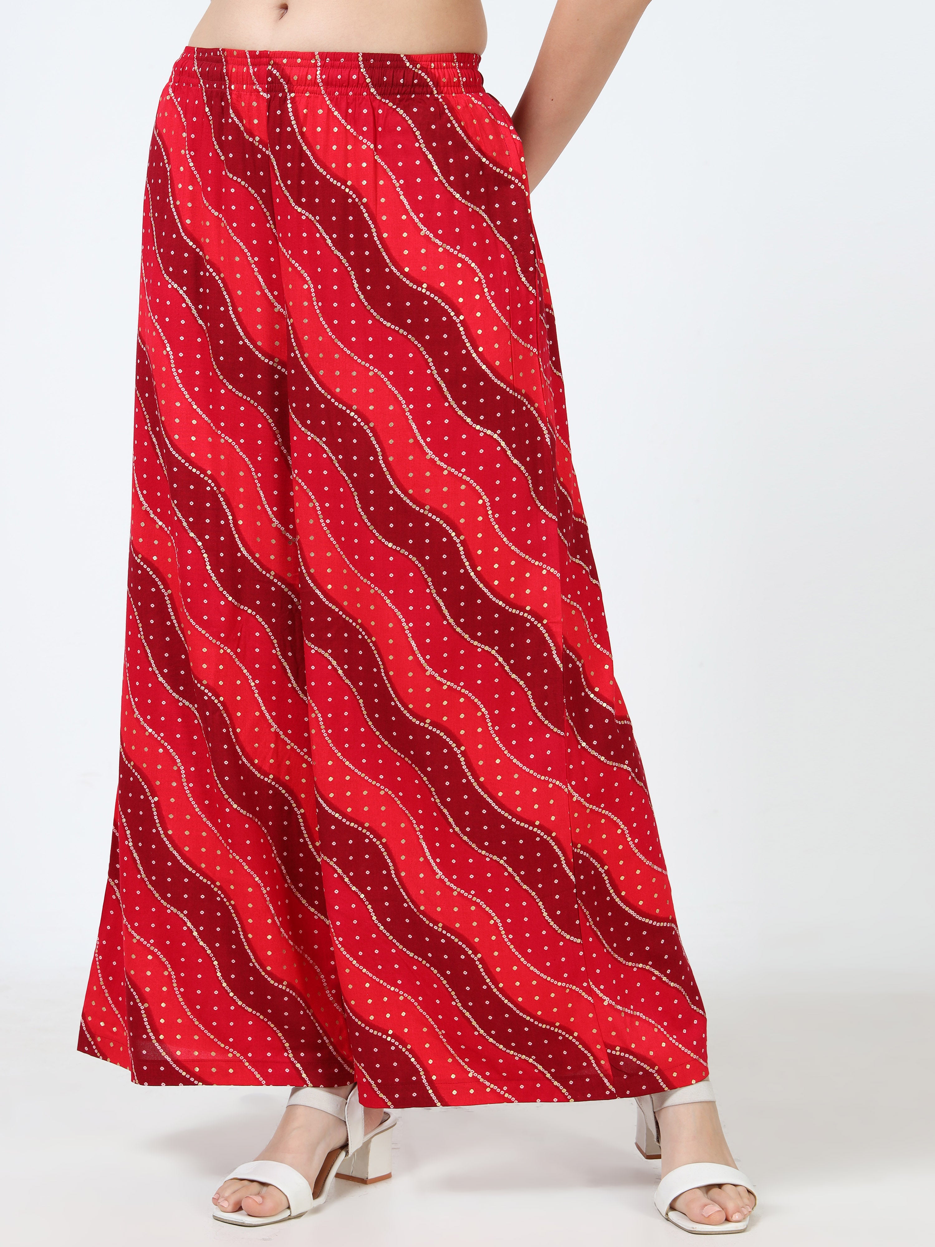 Crimson Red Wave Print Viscose Palazzo