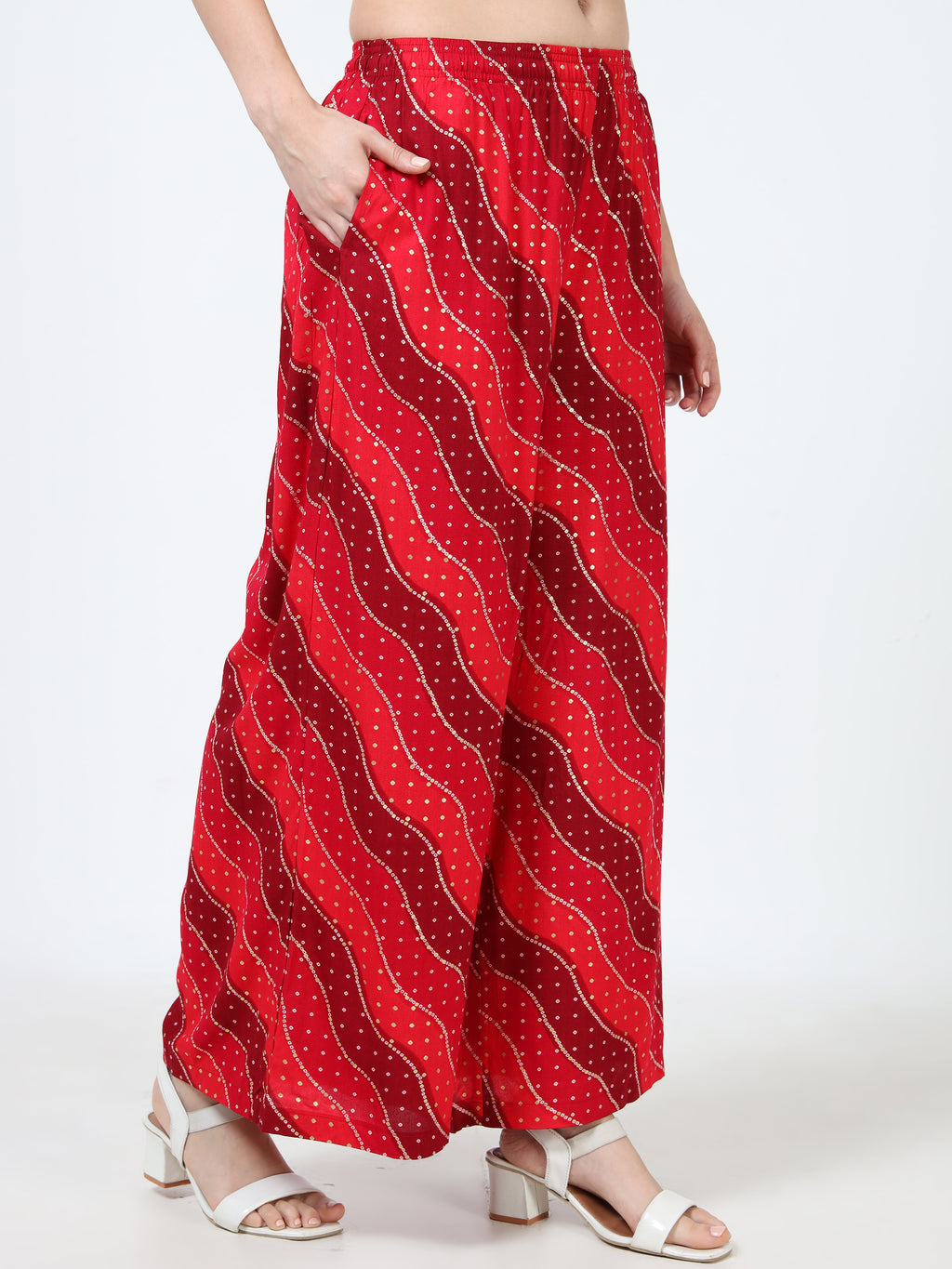Crimson Red Wave Print Viscose Palazzo