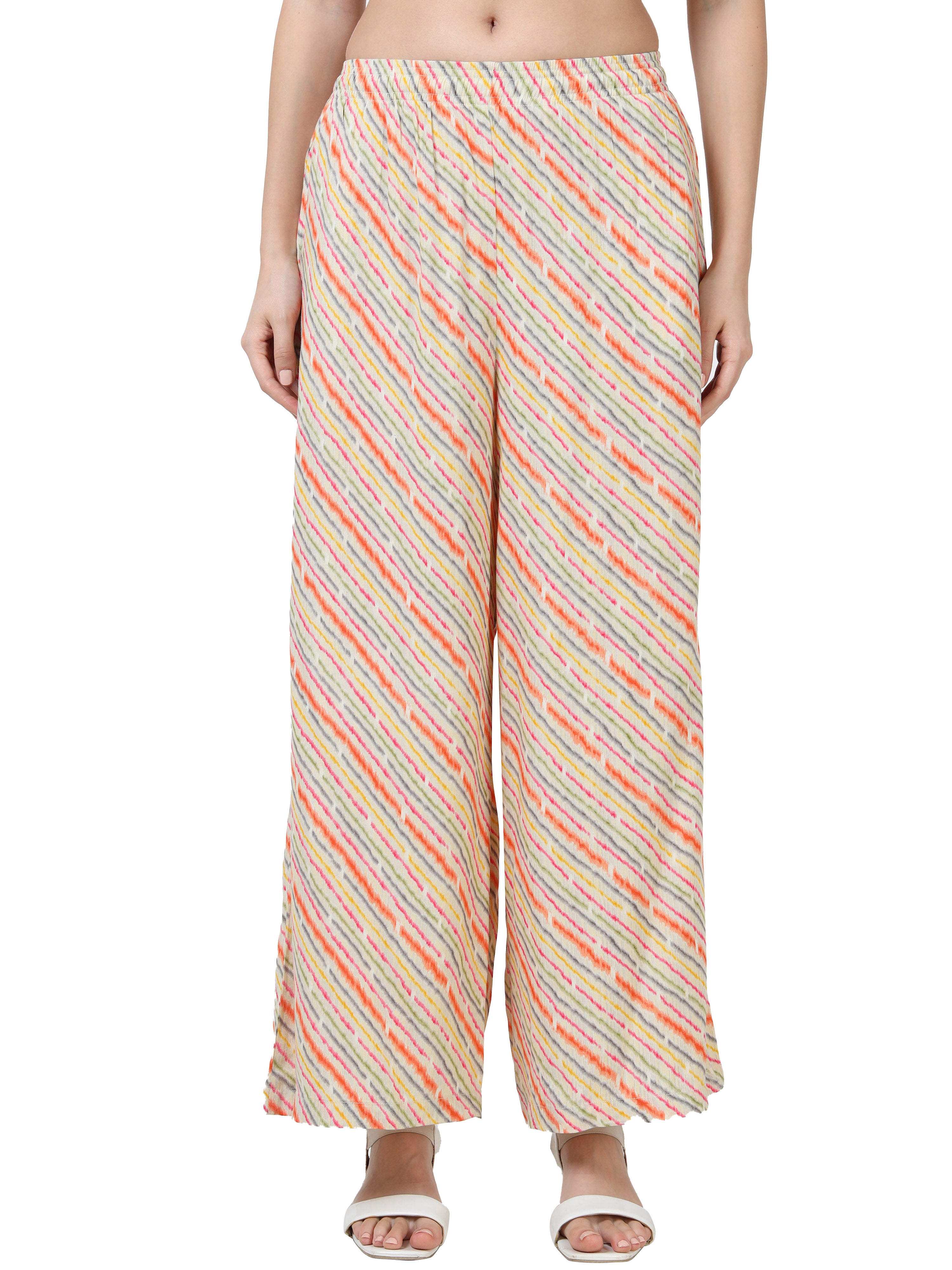 Cream Multi Stripe Print Viscose Palazzo