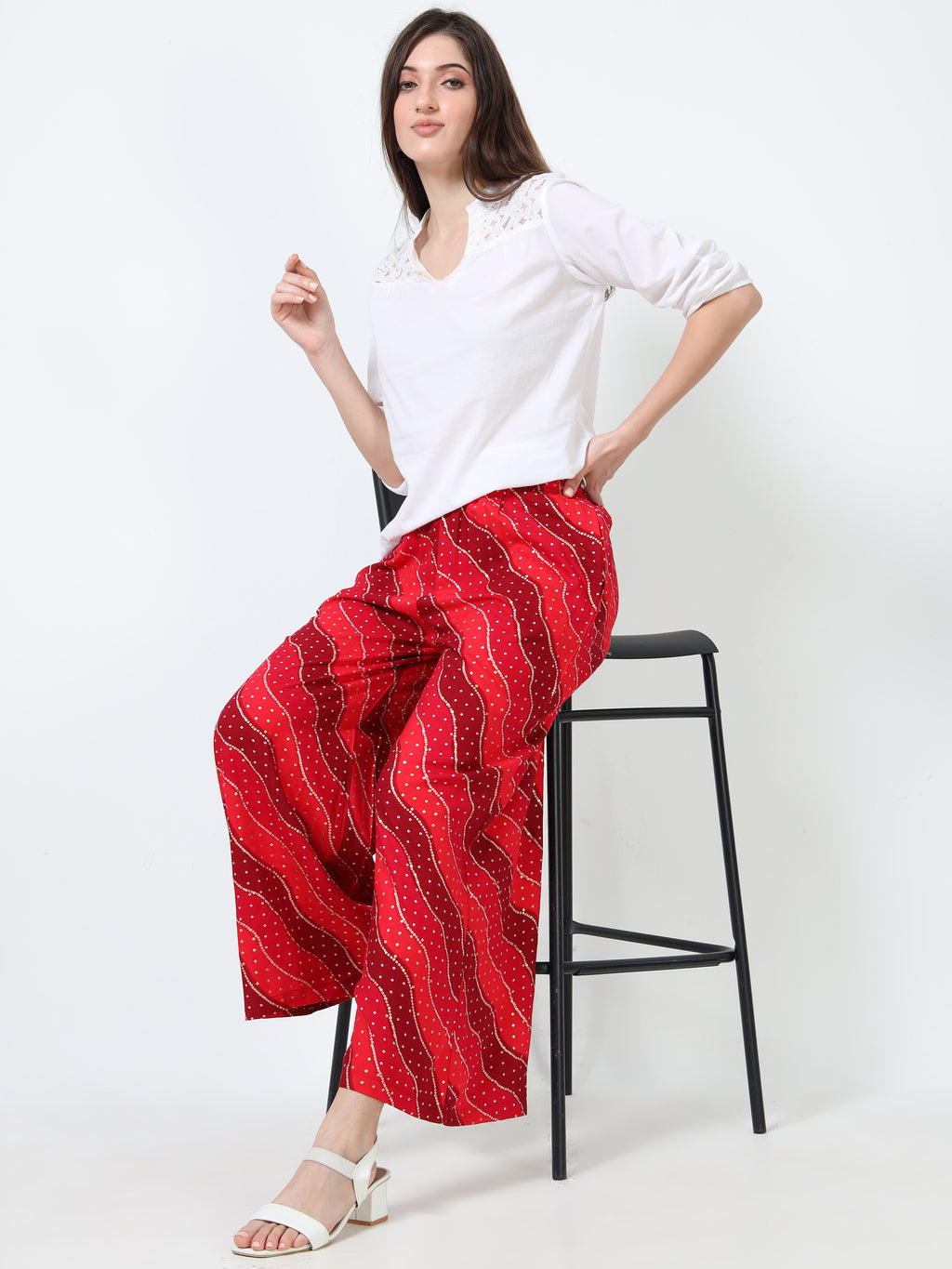 Crimson Red Wave Print Viscose Palazzo