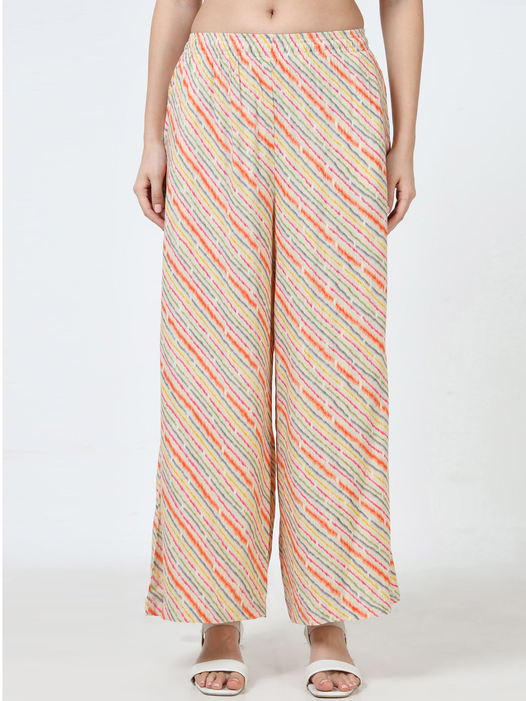 Cream Multi Stripe Print Viscose Palazzo