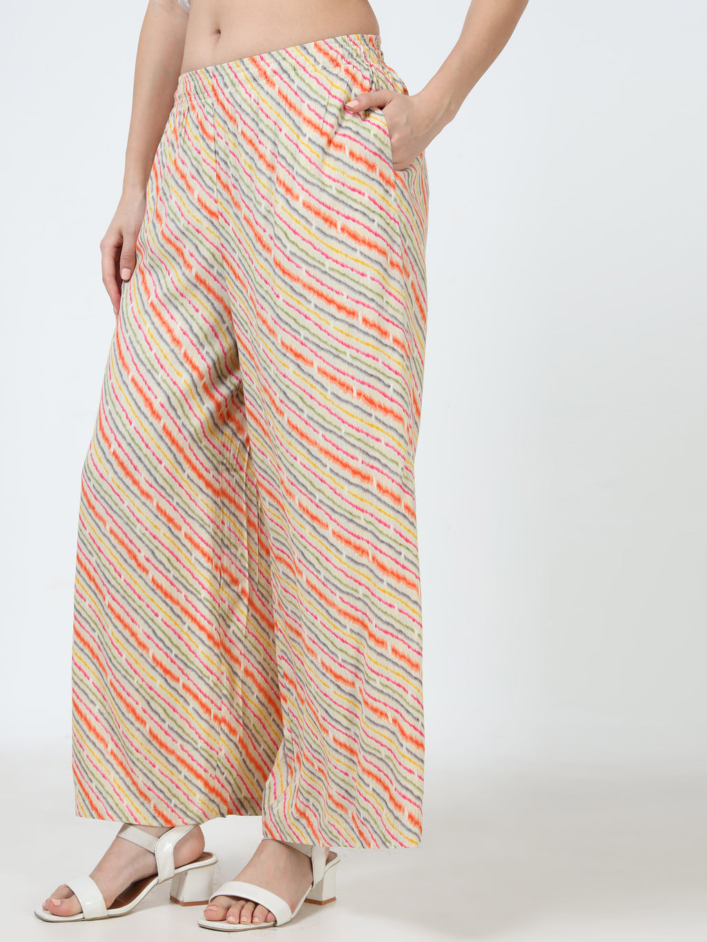 Cream Multi Stripe Print Viscose Palazzo