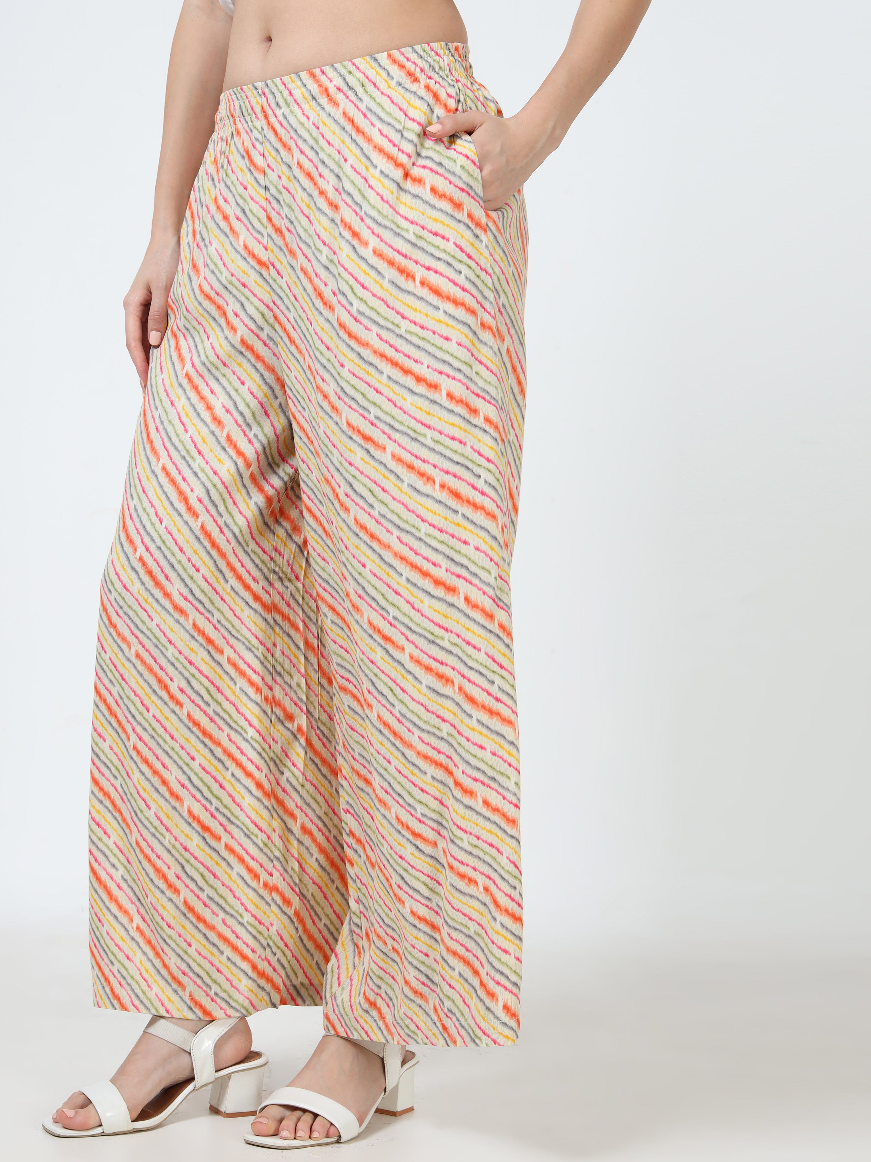 Cream Multi Stripe Print Viscose Palazzo