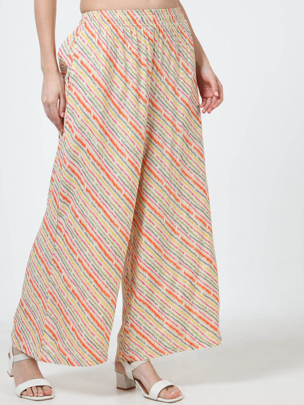 Cream Multi Stripe Print Viscose Palazzo
