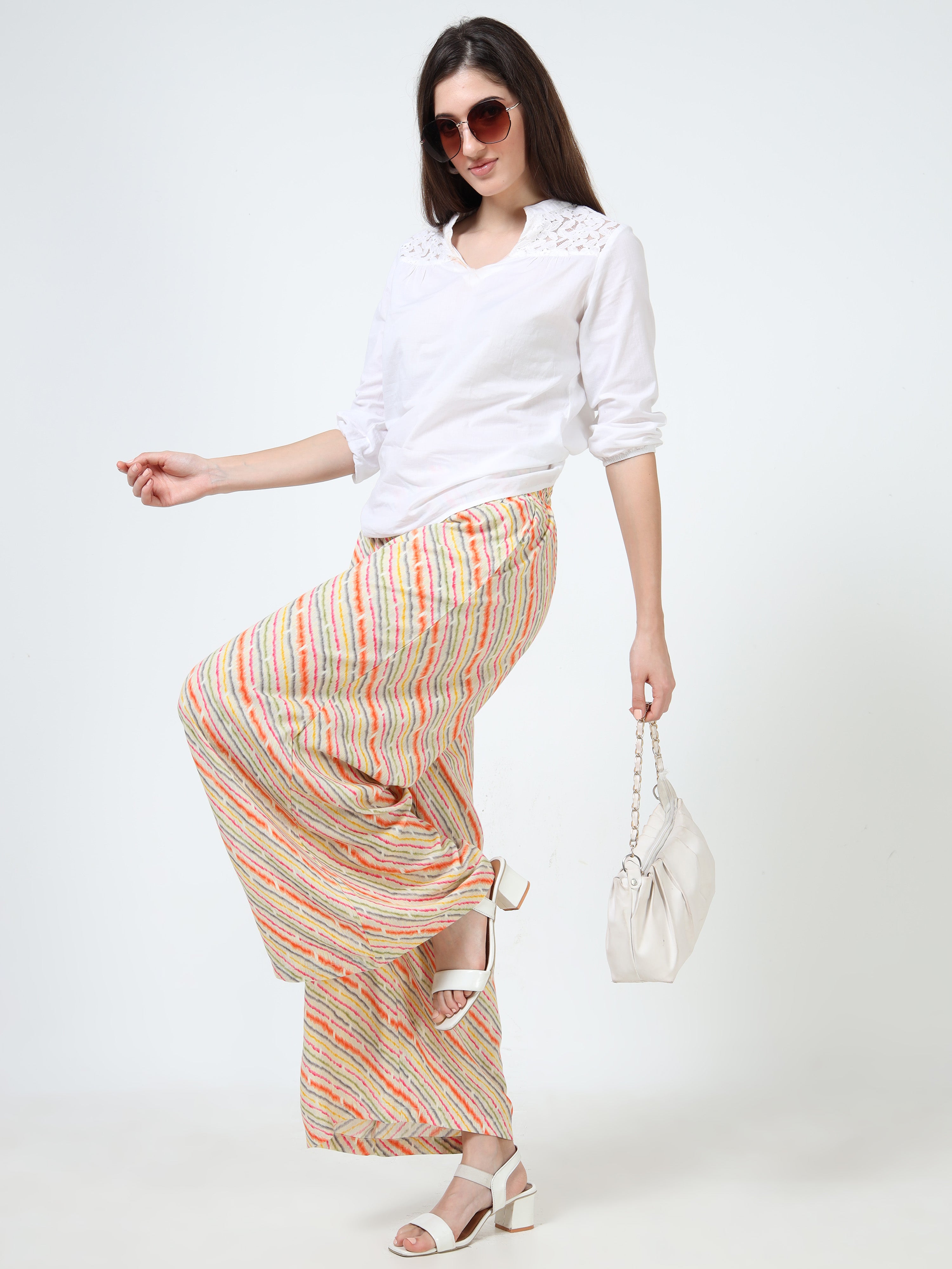 Cream Multi Stripe Print Viscose Palazzo