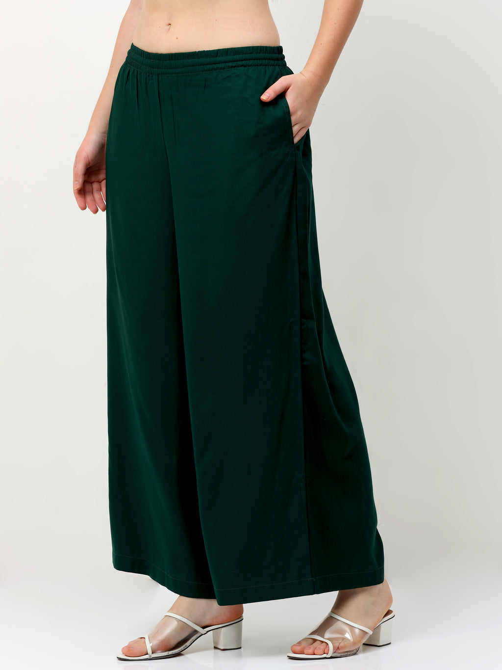 Bottle Green Viscose Palazzo Pant Plain