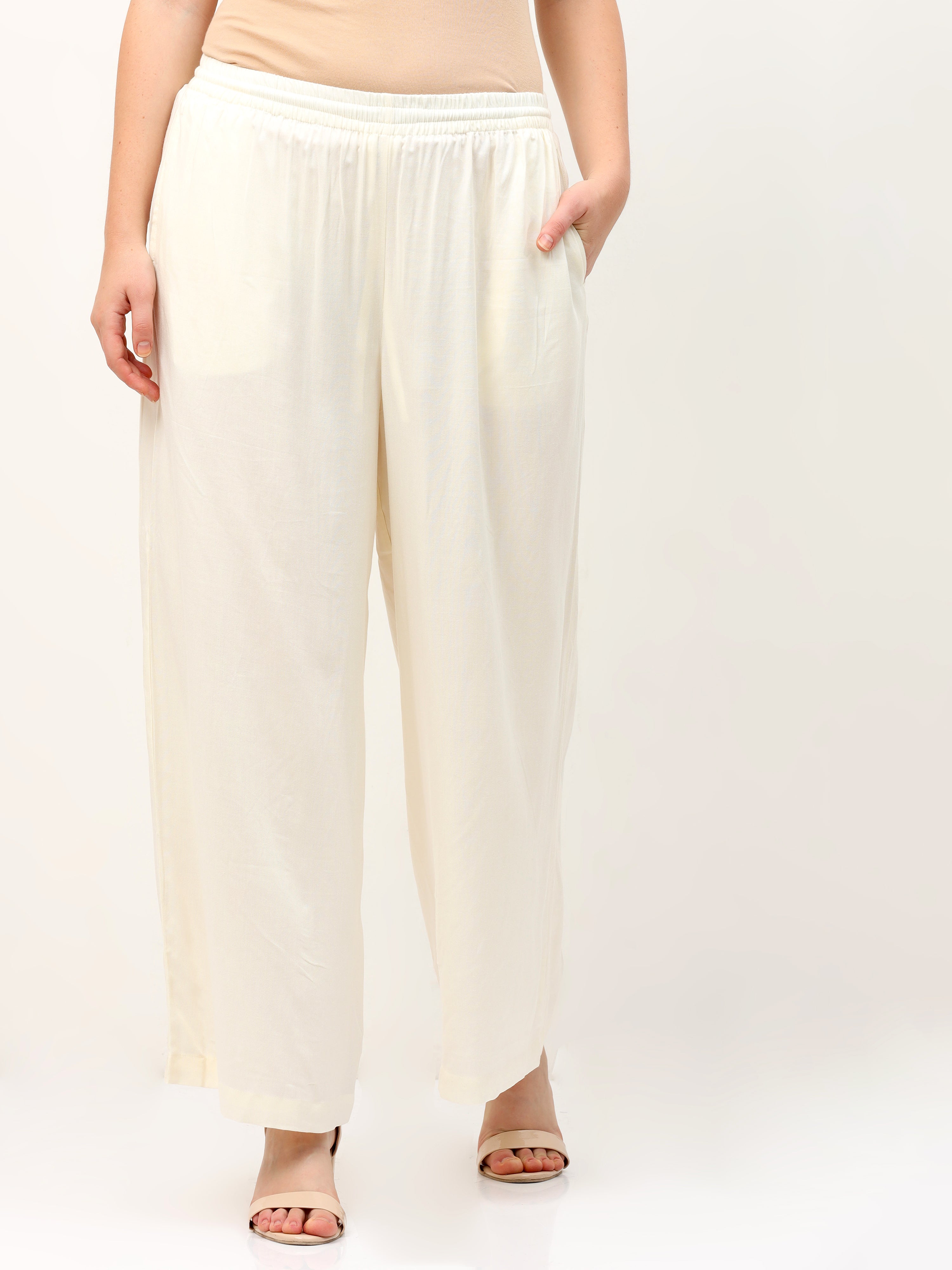 Off White Viscose Palazzo Pant Plain