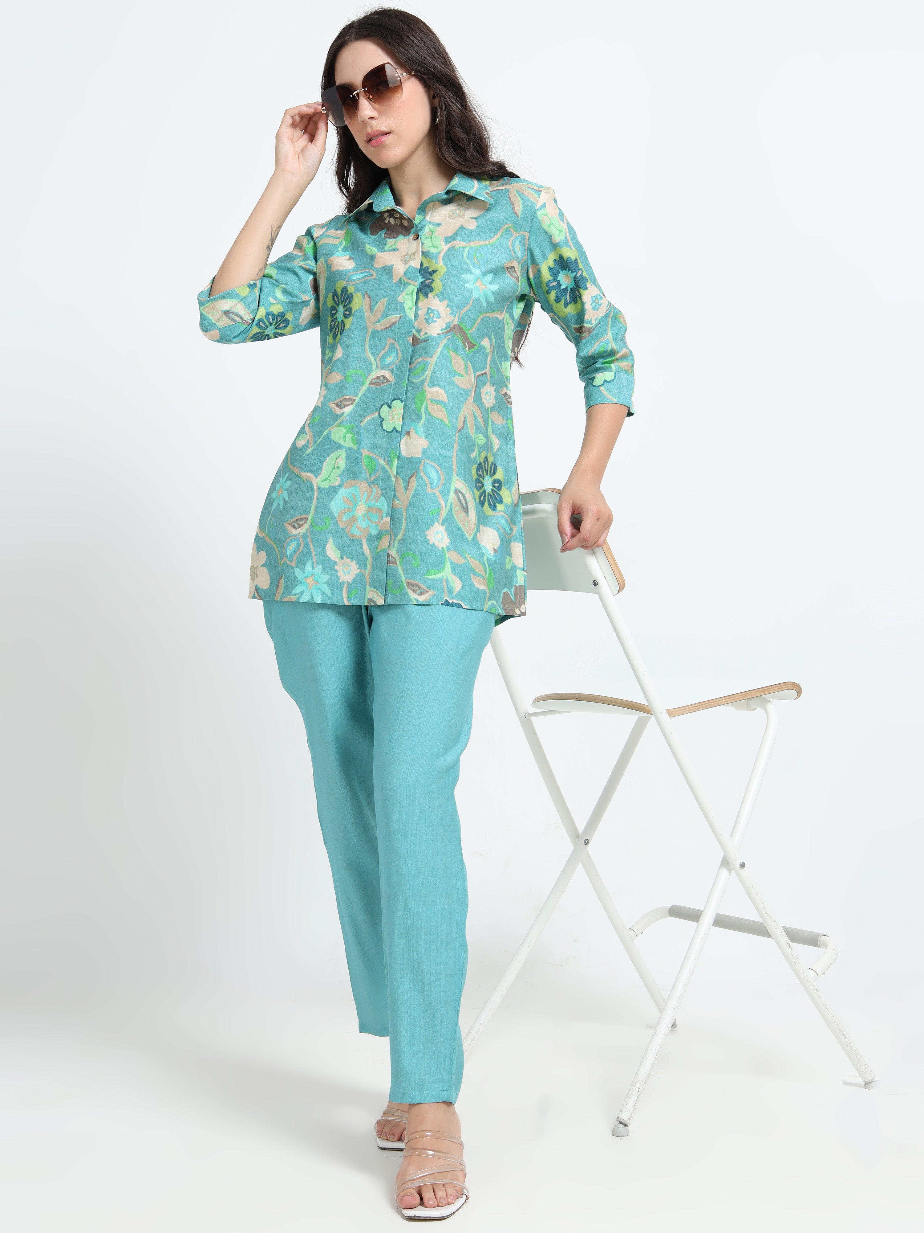 Rayon Printed Coord Set – Aqua Garden