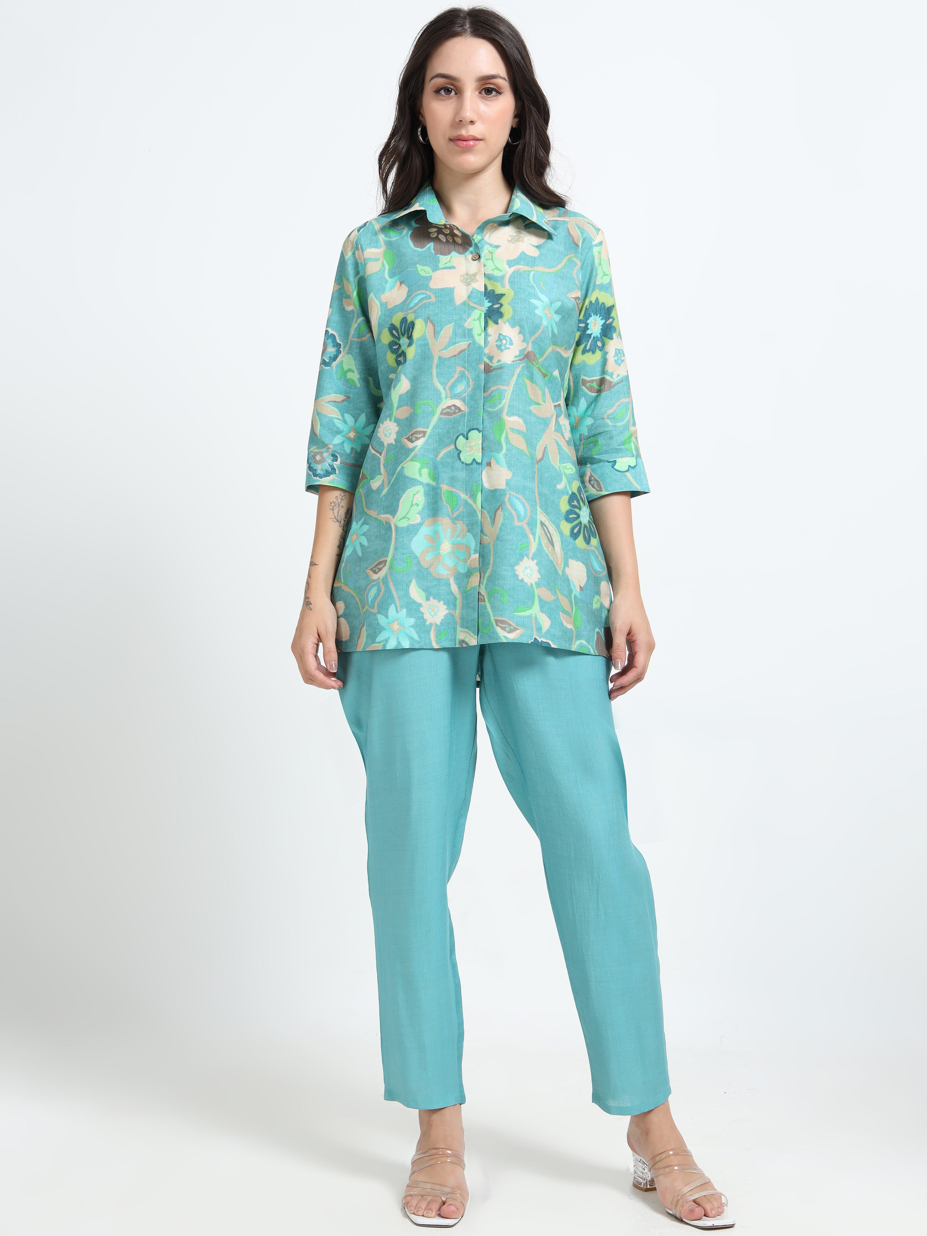 Rayon Printed Coord Set – Aqua Garden