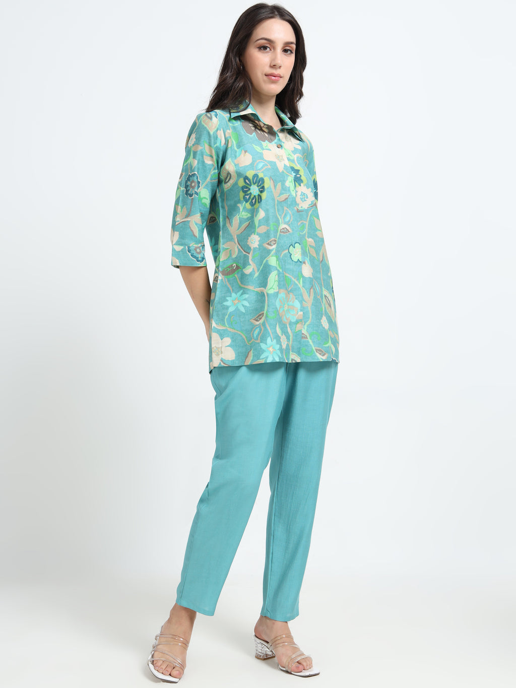 Rayon Printed Coord Set – Aqua Garden