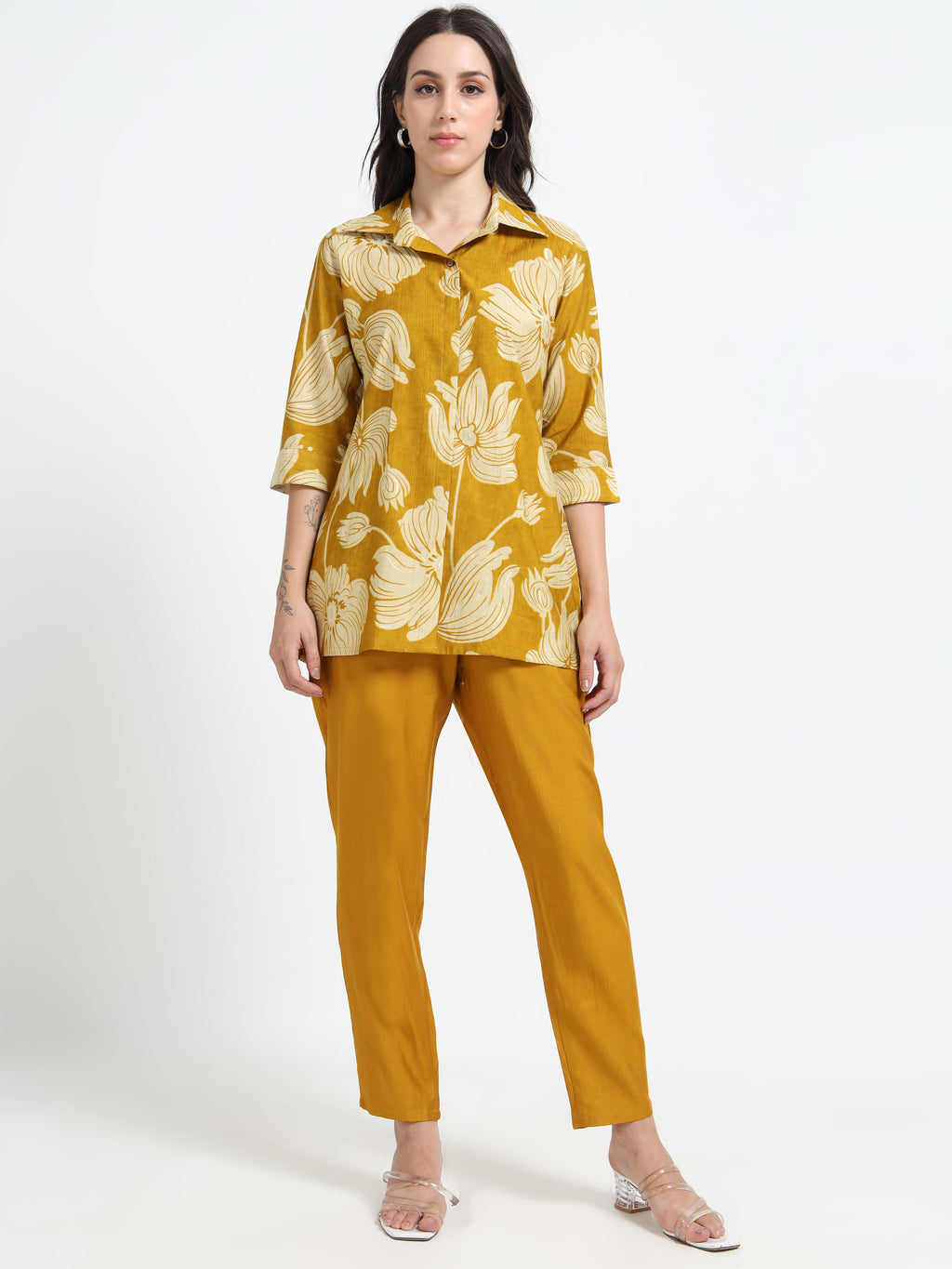 Rayon Printed Coord Set – Mustard Petals