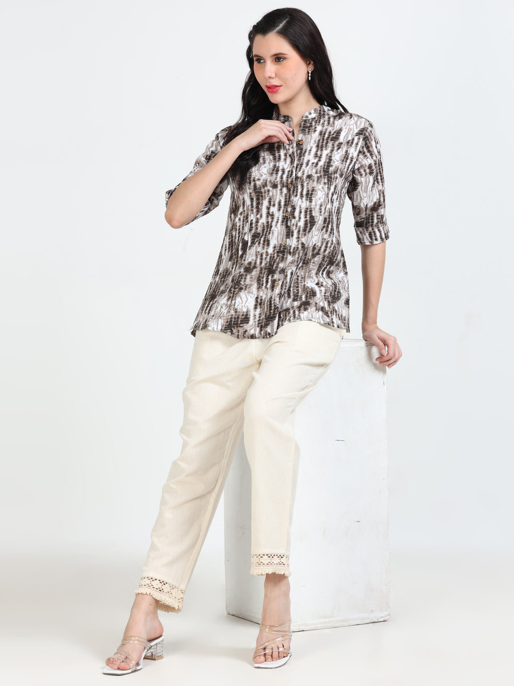 Brown & White Abstract Print Kurti