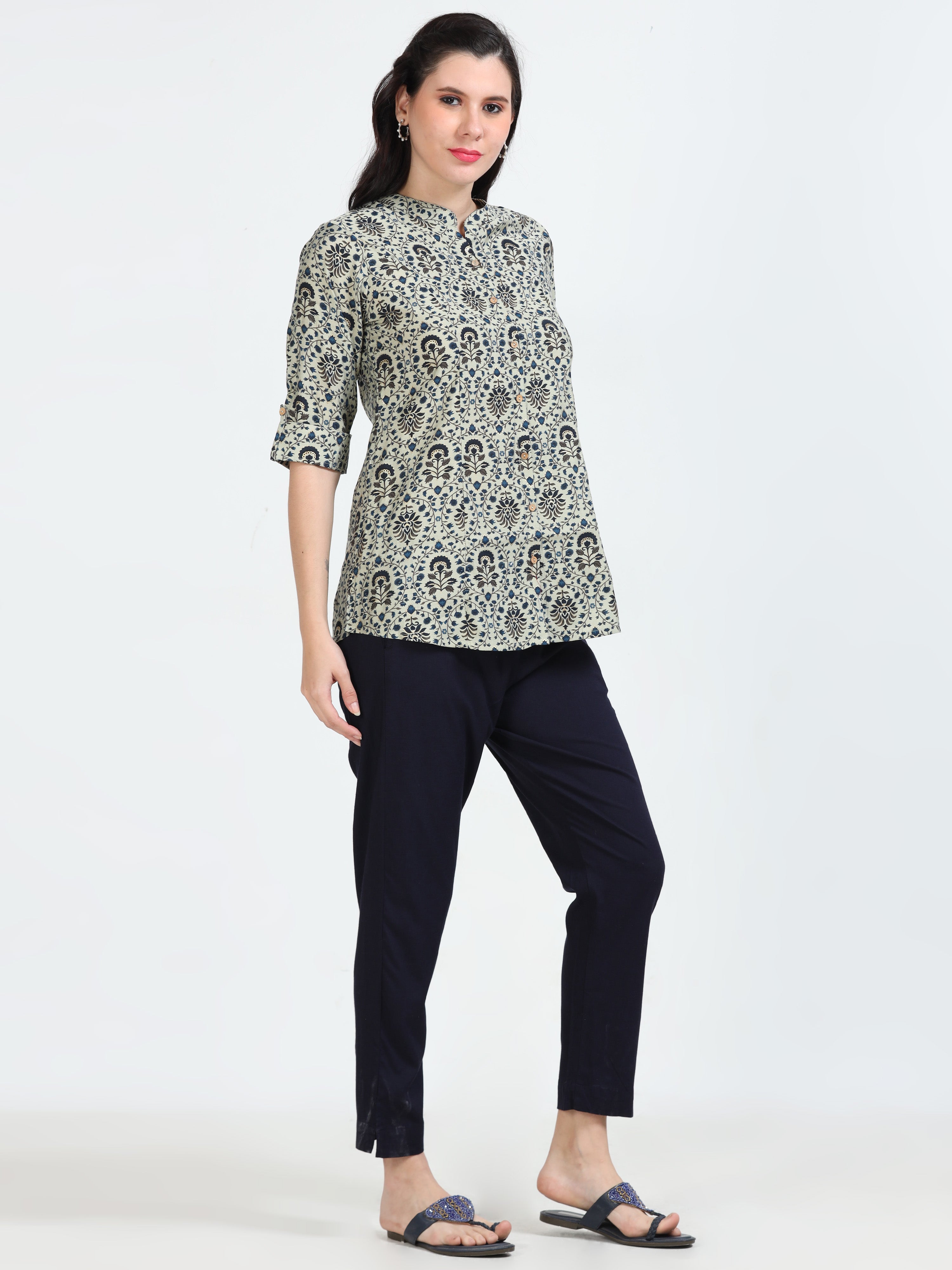 Navy Floral Mughal Print Kurti
