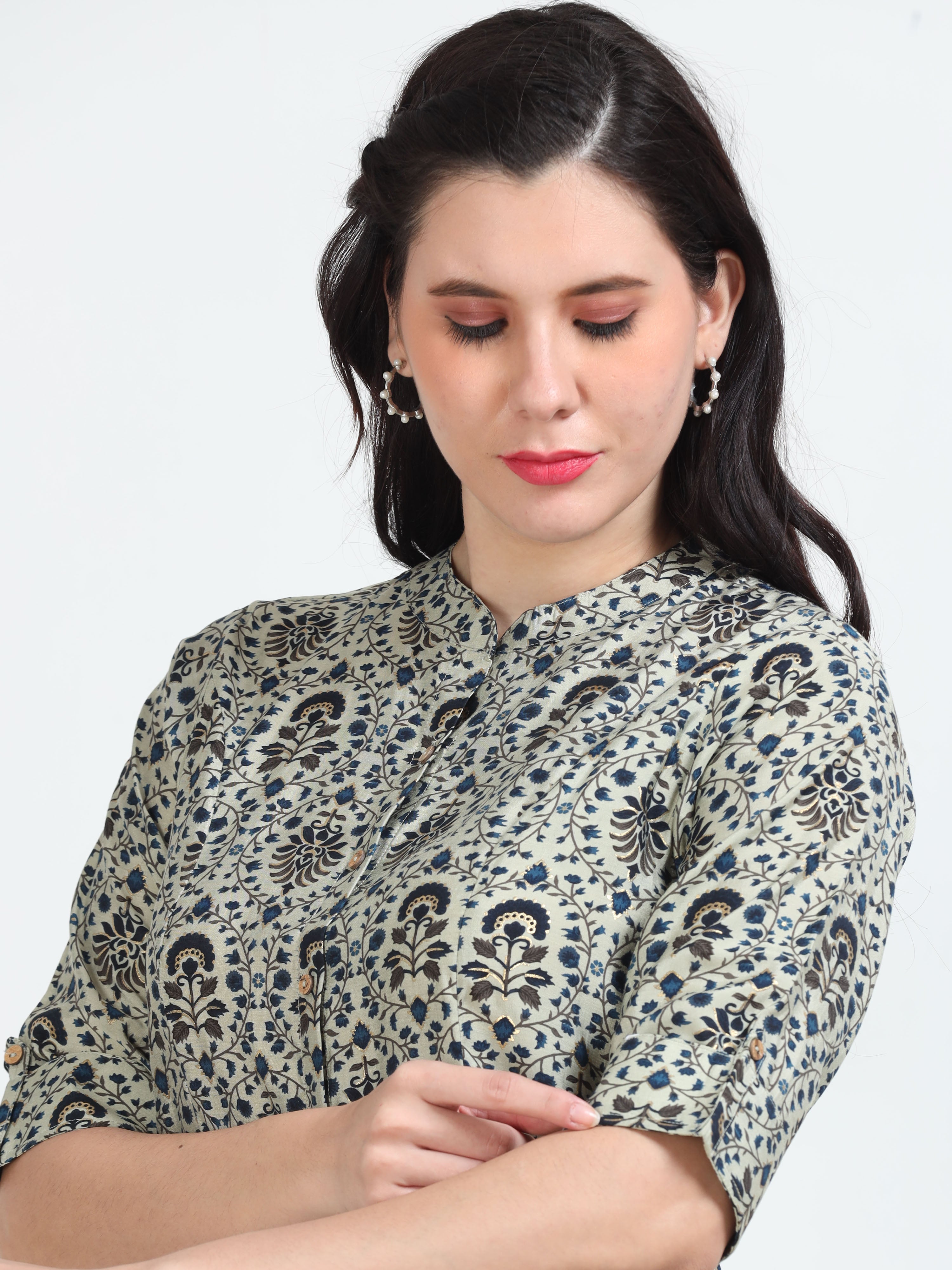 Navy Floral Mughal Print Kurti