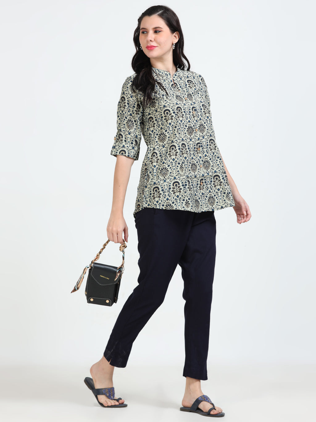 Navy Floral Mughal Print Kurti